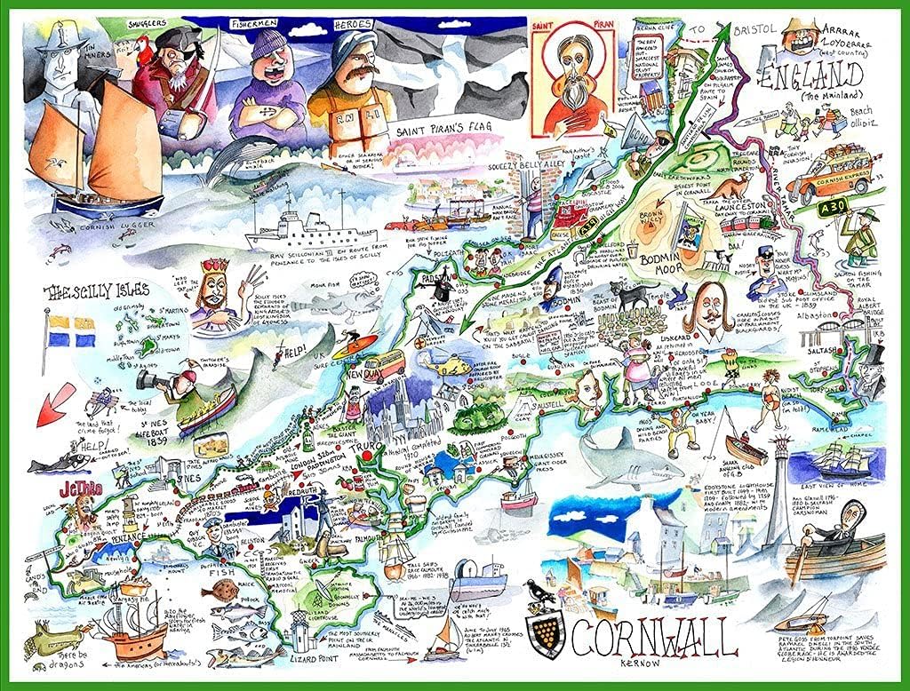 Comical Map of Cornwall, Artwork by Tim Bulmer - 1000 Piece Puzzle for Adults, Large Puzzle 66cm X 50cm in Size. Challenging to Complete But Fun and Humorous. Makes A Great Gift for Birthdays
