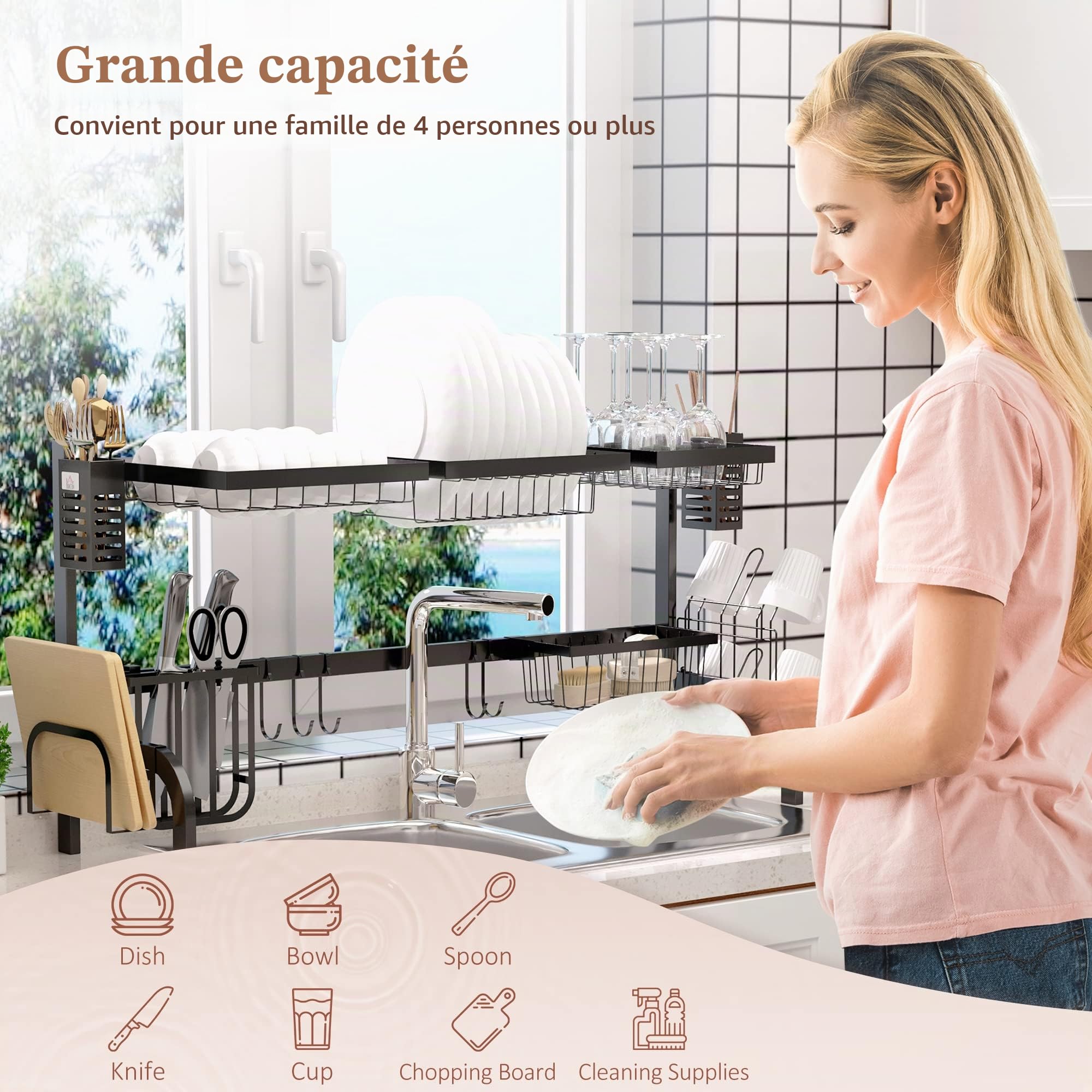 HOMCOM Égouttoir 2 Niveaux avec Crochets 100 cm Acier Noir