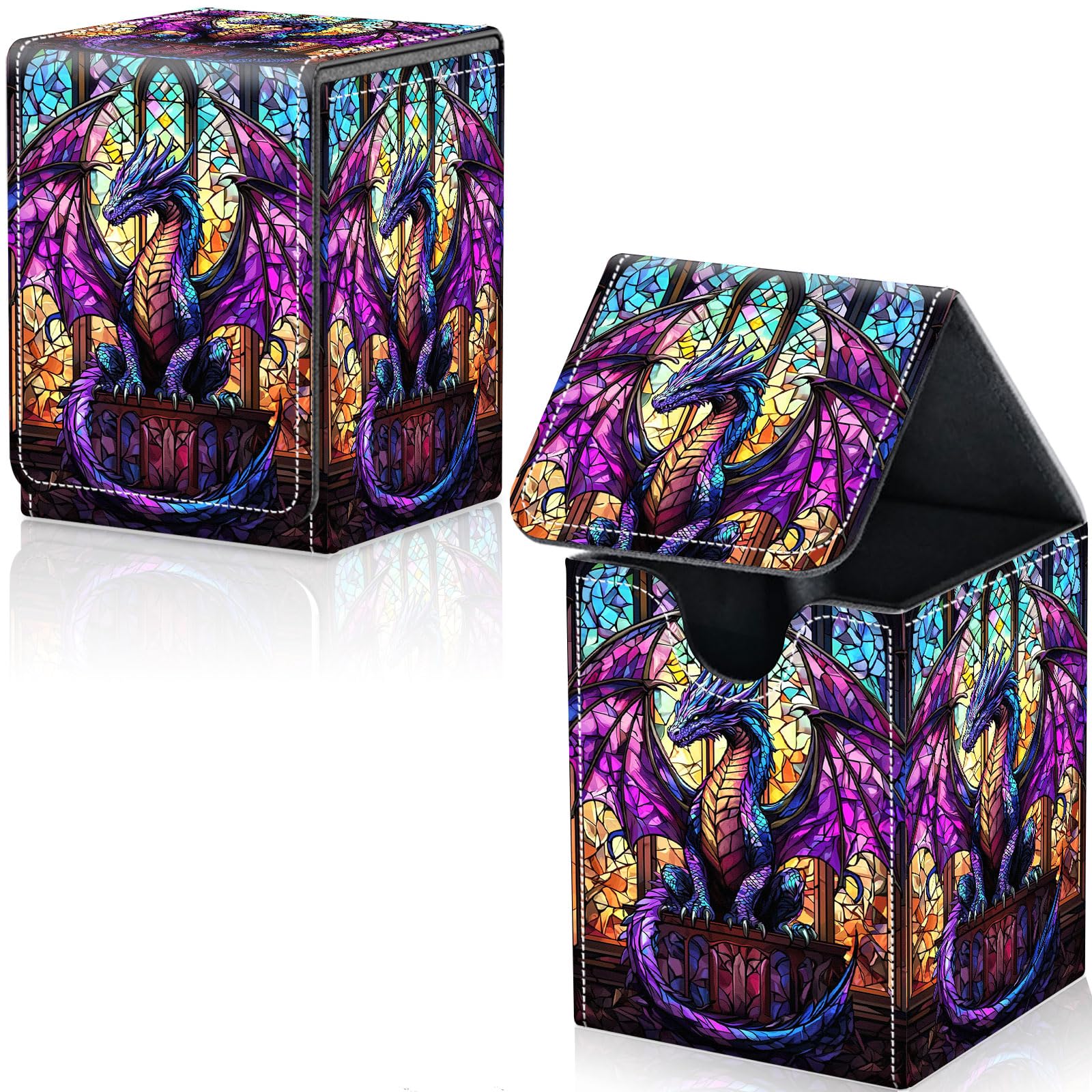 Qindaiwen Card Deck Box for Trading Cards, MTG Deck Box Fits 100+ Single Sleeved Cards, PU Leather Strong Magnet Card Deck Case Holder for Magic Commander TCG CCG, Majestic Dragon