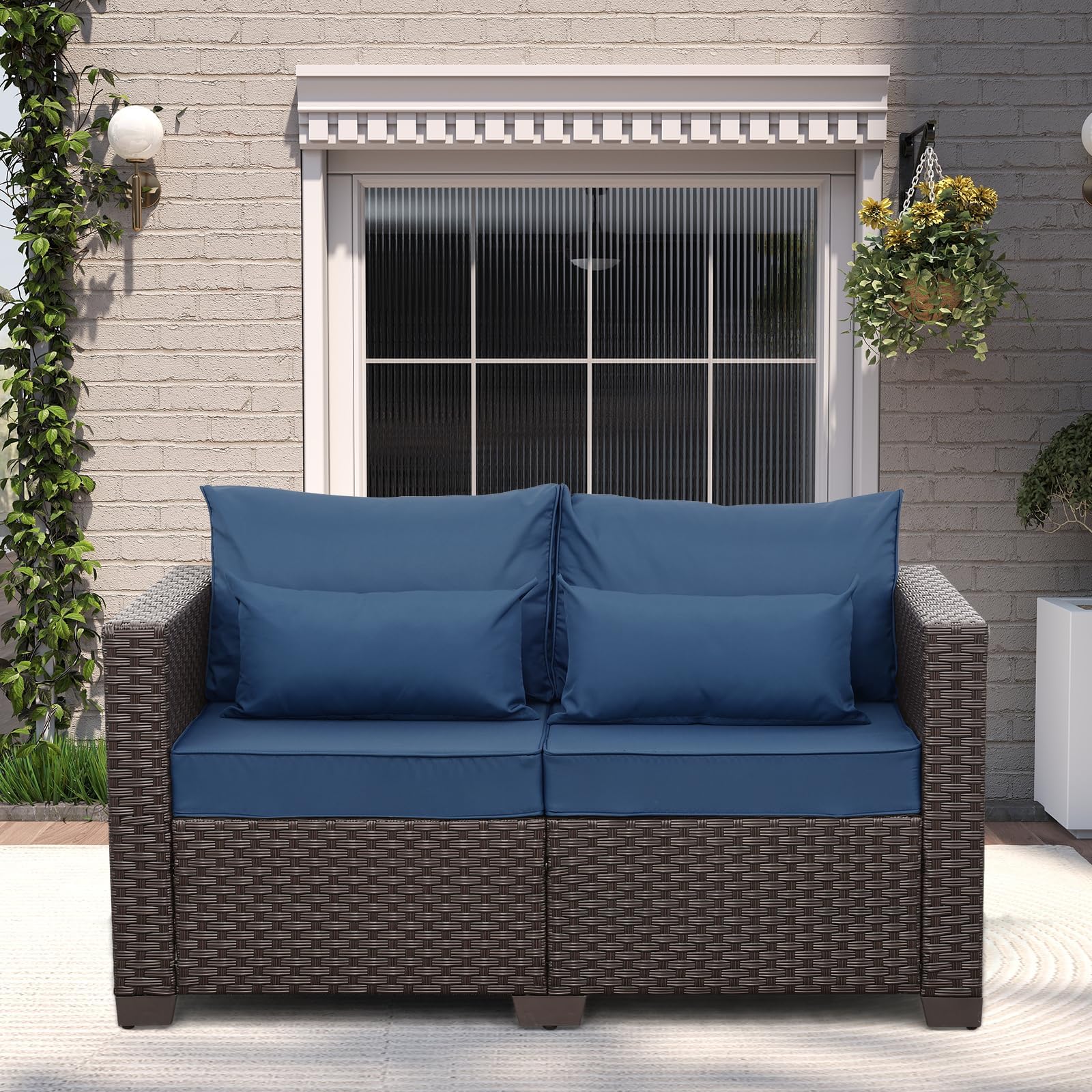 Rattaner Outdoor Furniture Loveseat Sofa Patio Furniture Small Sofa 2 Seater Couch with Anti-Slip Cushions Lumbar Pillow and Waterproof Cover, Navy Blue