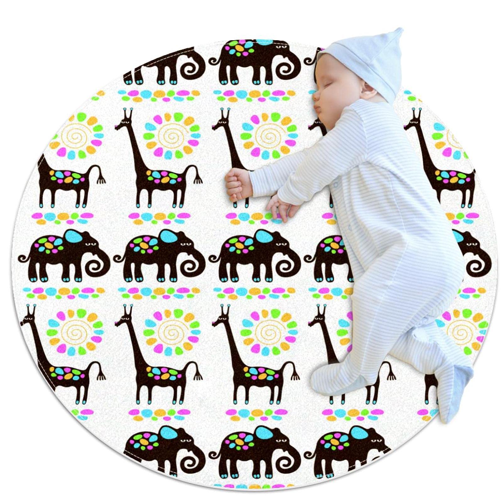 Tapis rond pour enfants motif girafe éléphant 80x80cm déco chambre filles garçons