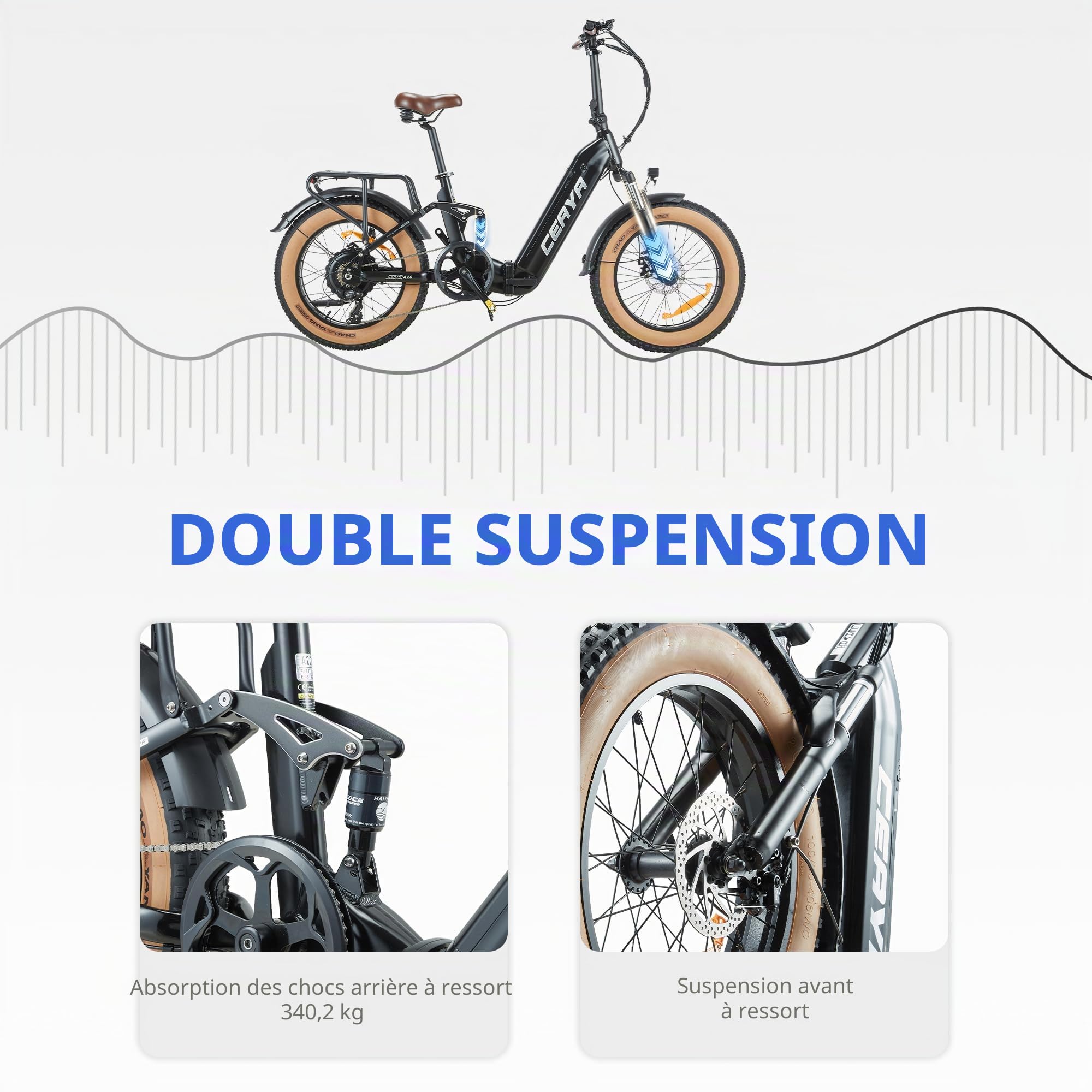 Vélo électrique Femme Homme Pliable 20" Fat Bike Electrique Ebike A20 avec 48V20Ah Batterie Amovible, Dérailleur 7 Vitesses,VTT Électrique