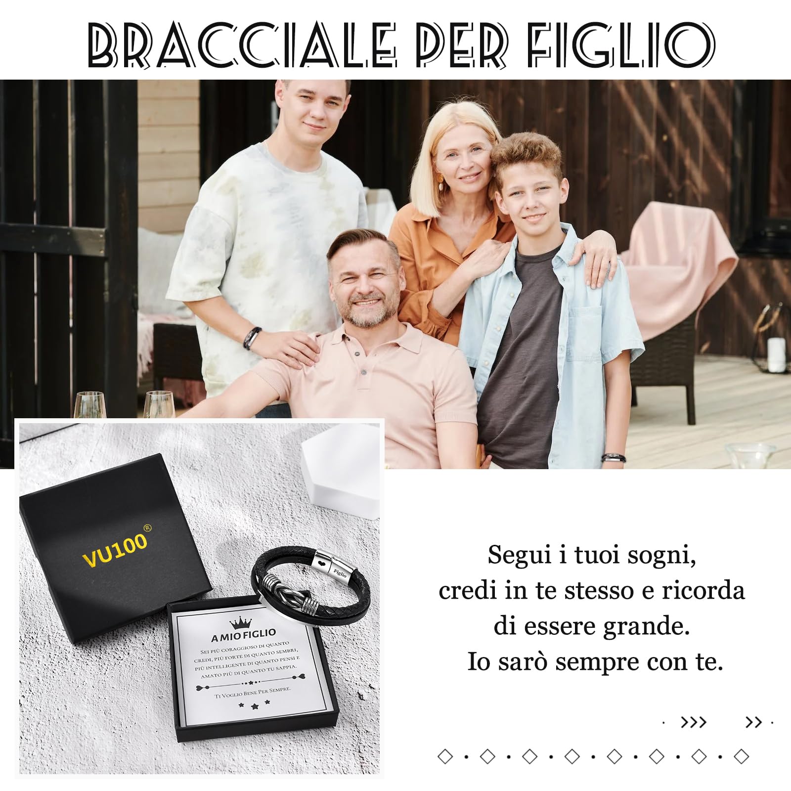 VU100 Regalo per Papà/Figlio/Uomo Bracciale in pelle per Uomo Bracciale Ti Amo Regalo per la Festa del Papà Regalo di compleanno per Figlio Fidanzato Marito Papà-Con Scatola Regalo