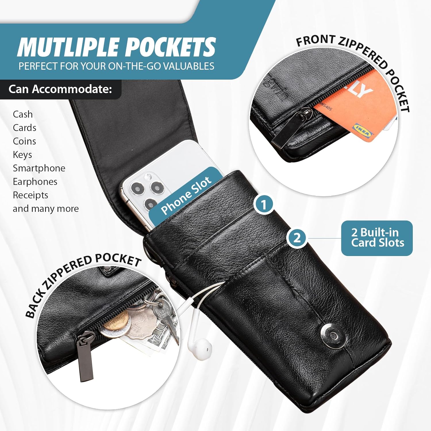 Hengwin Genuine Leather Cell Phone Holster Fits for iPhone 17 Pro Max 16 Pro Max 15 Pro Max 14 Pro Max 13 Pro Max Samsung Galaxy S24 Ultra S25 Ultra Pouch Belt Holder Phone Case with Belt Clip (Black)