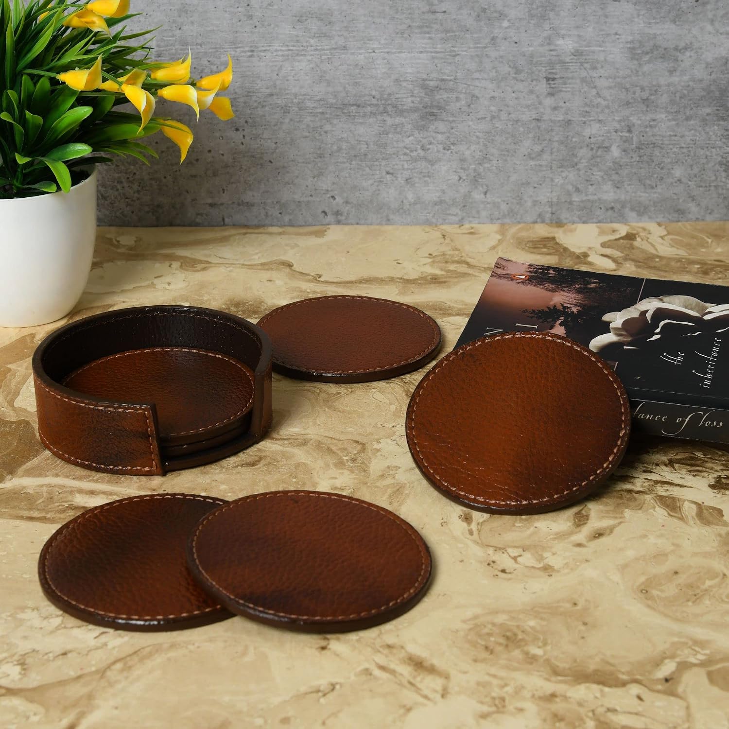 Hand Made Top Grained Real Leather Coaster Set of 6 for Drinks and Coffee Table-(Tan Color)