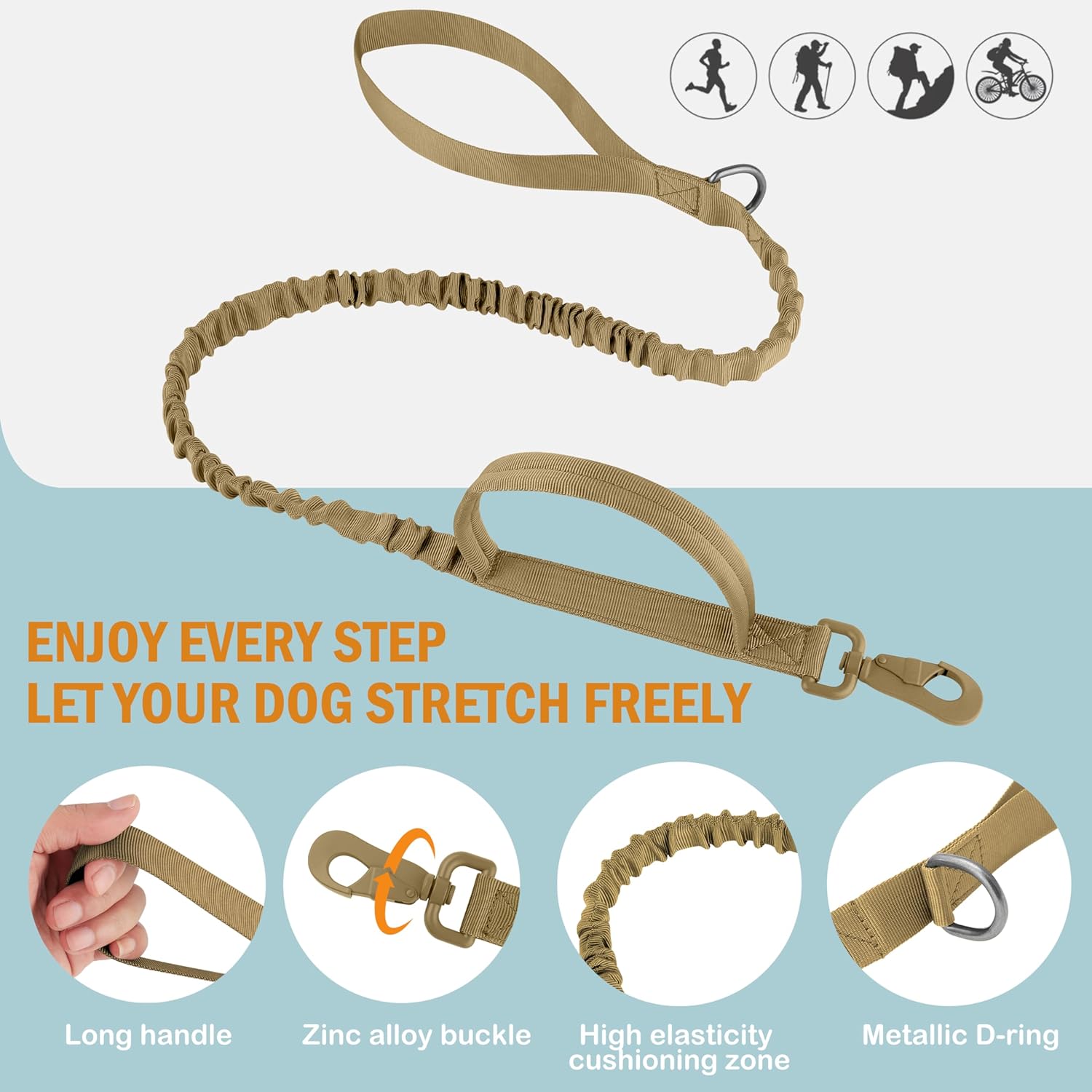 HYDEME Tactical Dog Collar and Leash Set, Alpine Loop Adjustable Reflective Military Training Nylon Dog Collars with Handle Shock Retractable Dog Leash for Small Medium Large Dogs.(L,Brown-Set)