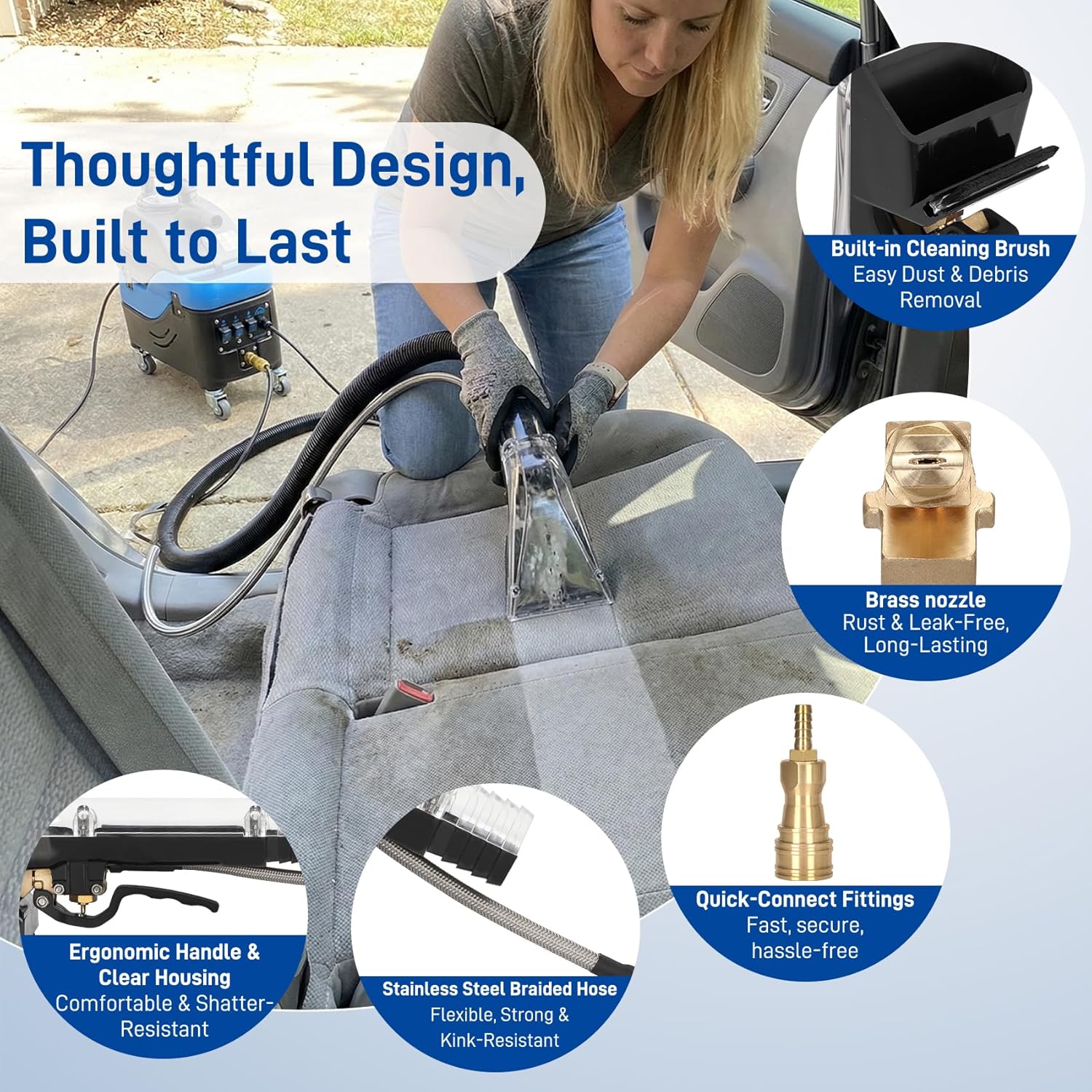 4" Upholstery Extractor Tool Compatible with Mytee 8400P Air Lite, Clear Head Carpet Extractor Tool for Upholstery, Carpet & Car Interior Cleaning, 1.5" Vacuum Interface & 1/4" Quick Connect