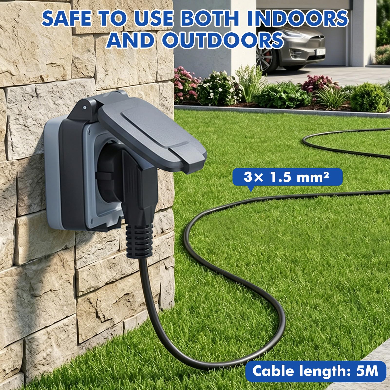 Cavo di Prolunga 5 metri con 2 prese Schuko Prolunga Elettrica IP44 Prolunga Ciabatta H05VV-F 3G 1,5mm², 250V/16A, adatto per giardino, officina, cantiere 5M