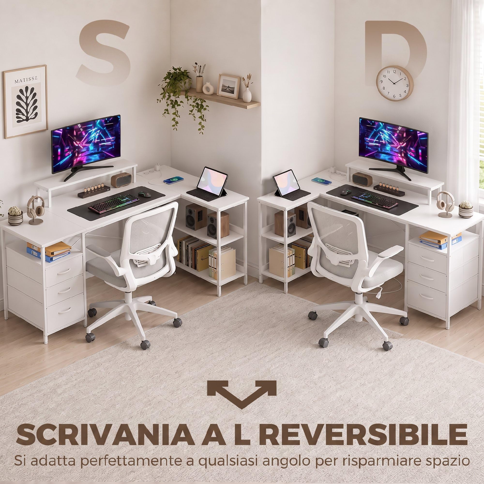 HOMCOM Scrivania Angolare Reversibile per Computer ad L 170x100cm Bianco