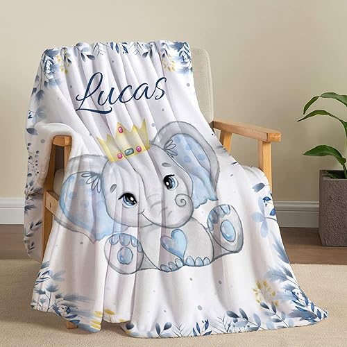 Miniatura 3 de Manta personalizada con nombre de bebé de elefante, regalos personalizados, manta de franela súper suave y ligera para niños, adultos, adecuada para