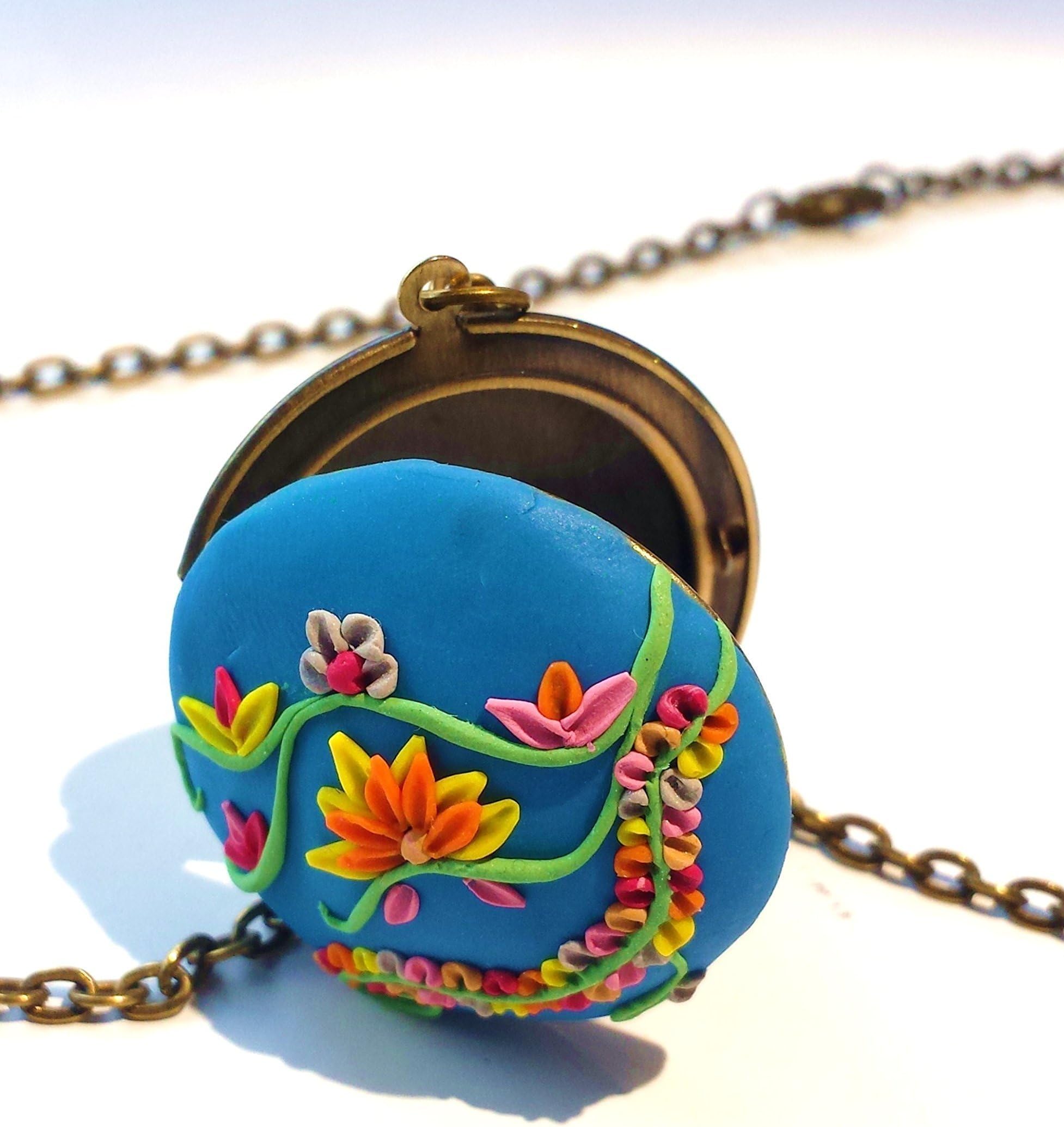 Turquoise Lotus Picture Memory Locket Necklace with Antique Bronze Base and Chain, Bohemian Floral Necklace Handmade with Polymer Clay, Valentines Day Gift Idea for Mom
