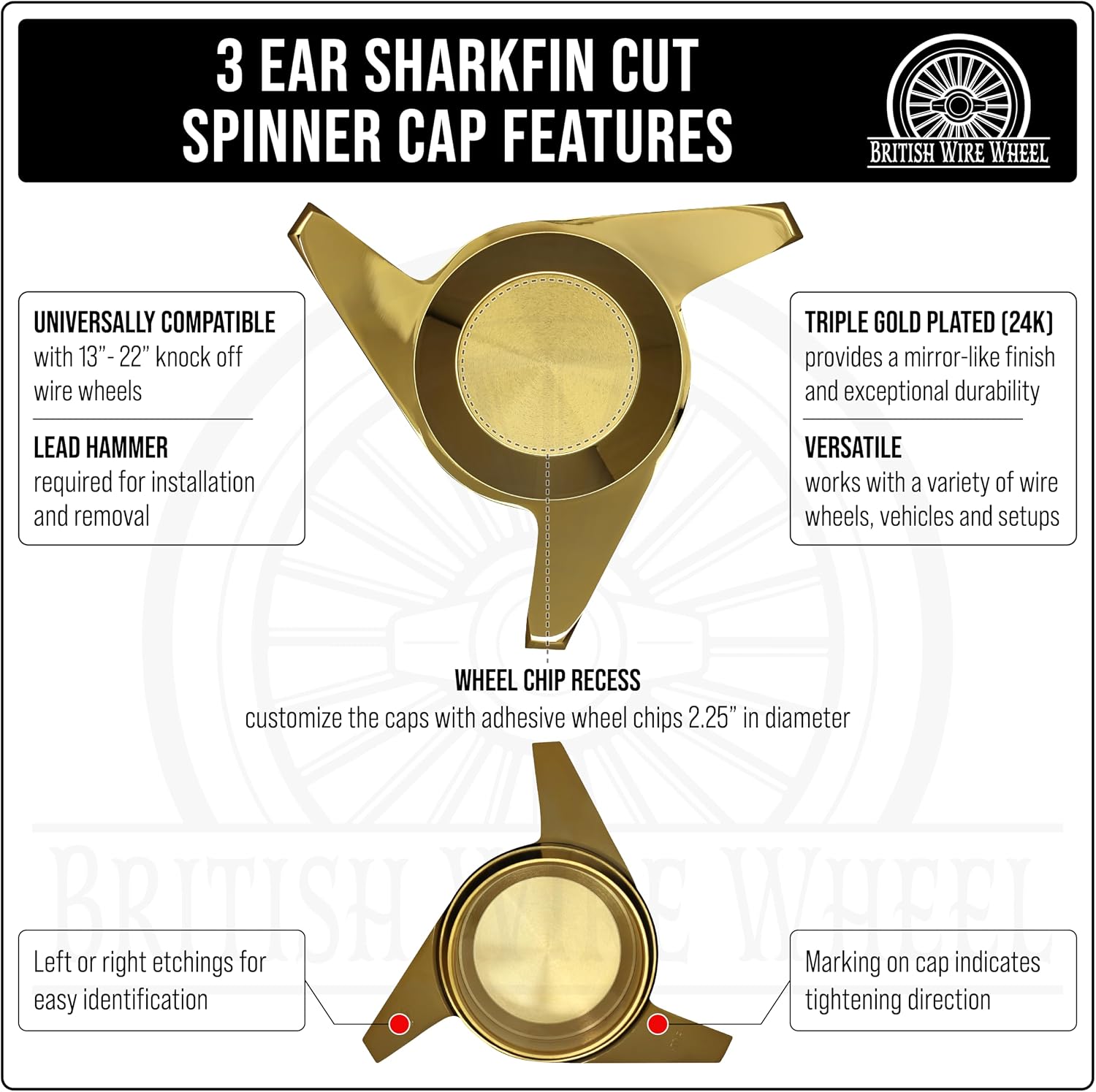 13x7 Reverse 100 Spoke Straight Lace Wire Wheels with 3 Ear Cut Gold Knock Off Spinner Caps + Adapters 4x100, 4x4.25, 4x4.5 | Chrome Deep Dish Lowrider Rims | Set of 4 + Lead Hammer