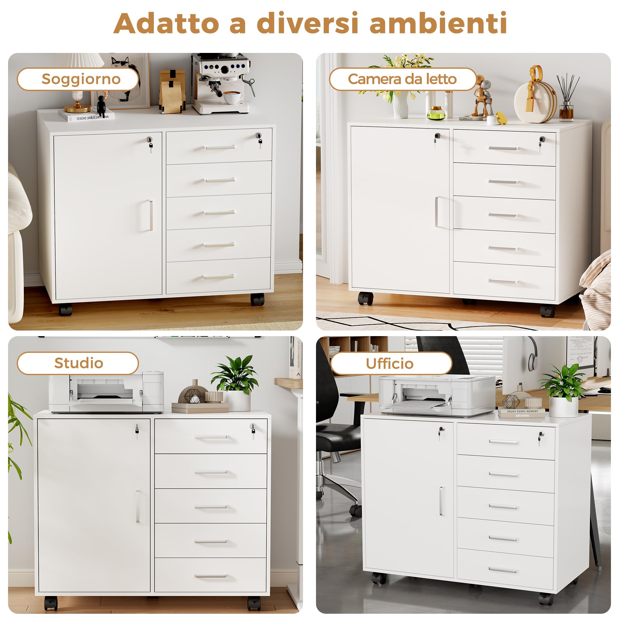 BEWISHOME Armadietto per Documenti con 5 Cassetti, Mobile ufficio con chiave, Cassettiera Ufficio con Ruote, Armadio ufficio con 3 Ripiano Regolabile, Manico in metallo, 78x40x65,5 cm, Bianco EBWG01W
