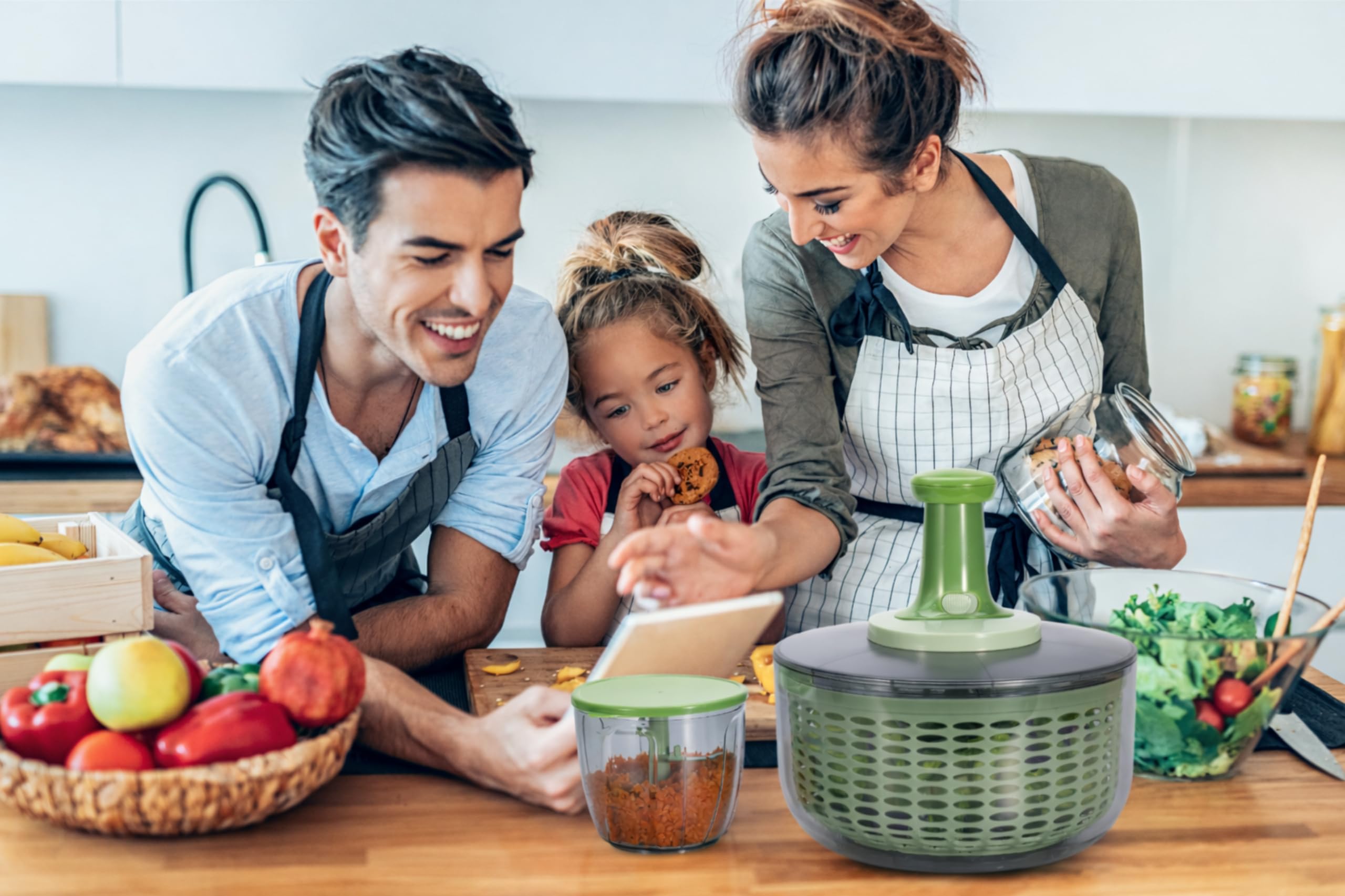 Brieftons Centrifugador y picador de ensalada: secadora grande de verduras de lechuga de 6 litros, con mezclador picador de verduras de 0,9 litros, almacenamiento compacto, fácil operación de empuje