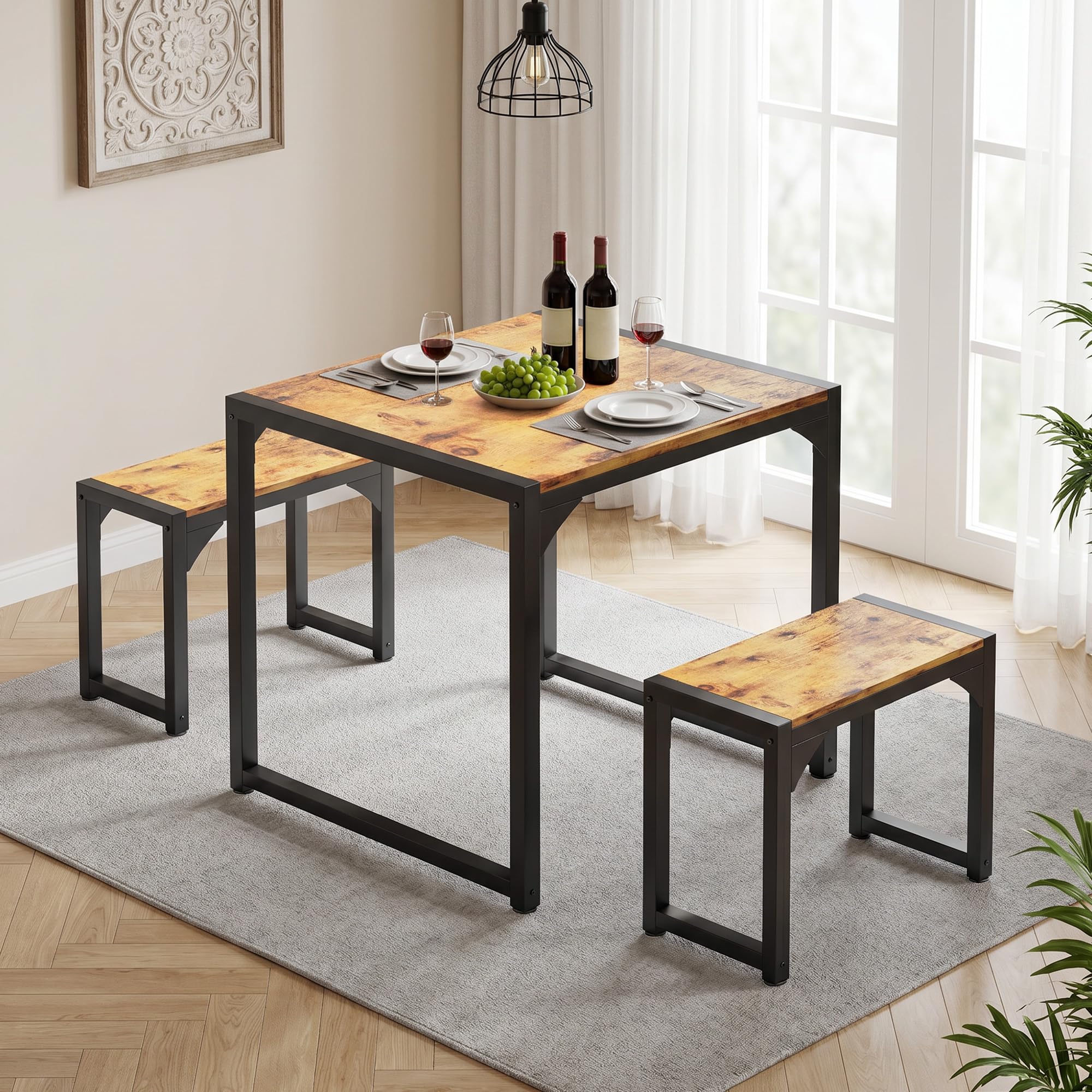 Esstisch mit 2 Bänken, 3-teiliges Esstisch-Set, Küchentisch 65x65x76cm, 2 Bänke je 30x50x45cm, kompaktes Esstisch-Set aus Metallrahmen für Küche & Esszimmer, Retro