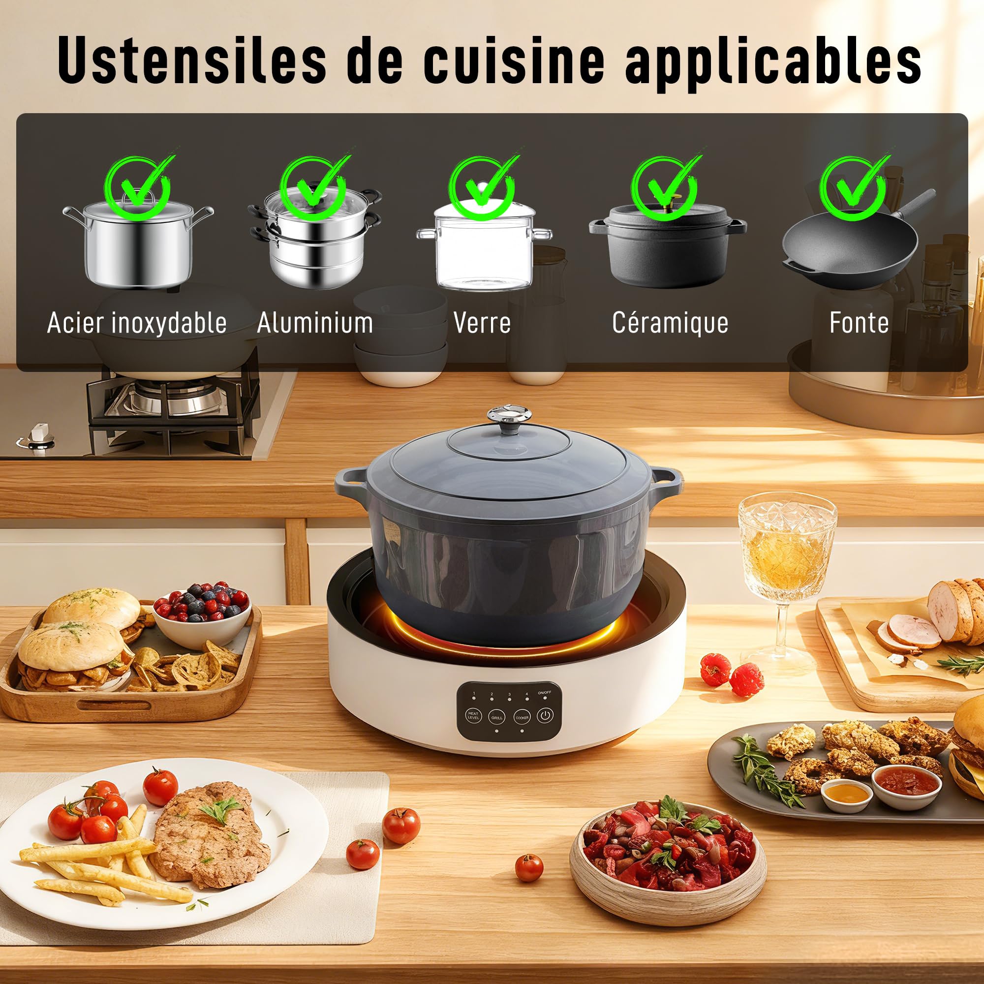 HOMCOM Plaque de cuisson et de gril 2 en 1 vitrocéramique, 2000 W, blanc | 4 niveaux de puissance, affichage LED, bac récupérateur graisse, chauffage infrarouge, tous types de casseroles