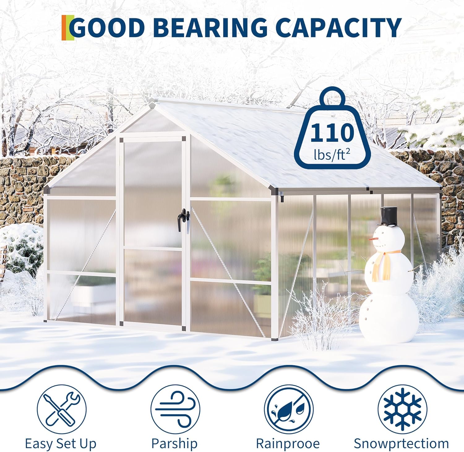 Greenhouse covered in snow, illustrating its snow load capacity