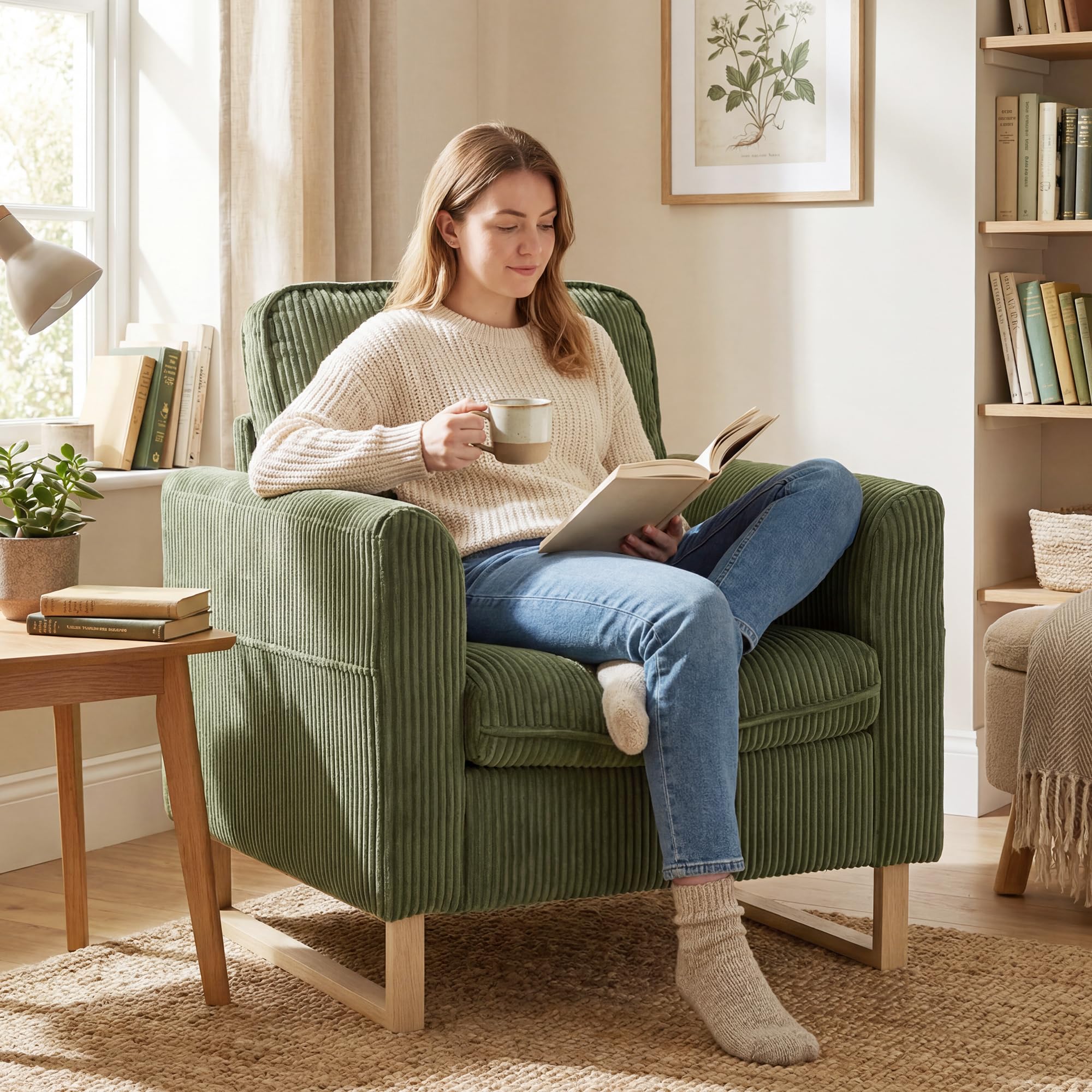 HOMCOM Accent Chair, 82 cm Corduroy Upholstered Armchair Dark Green