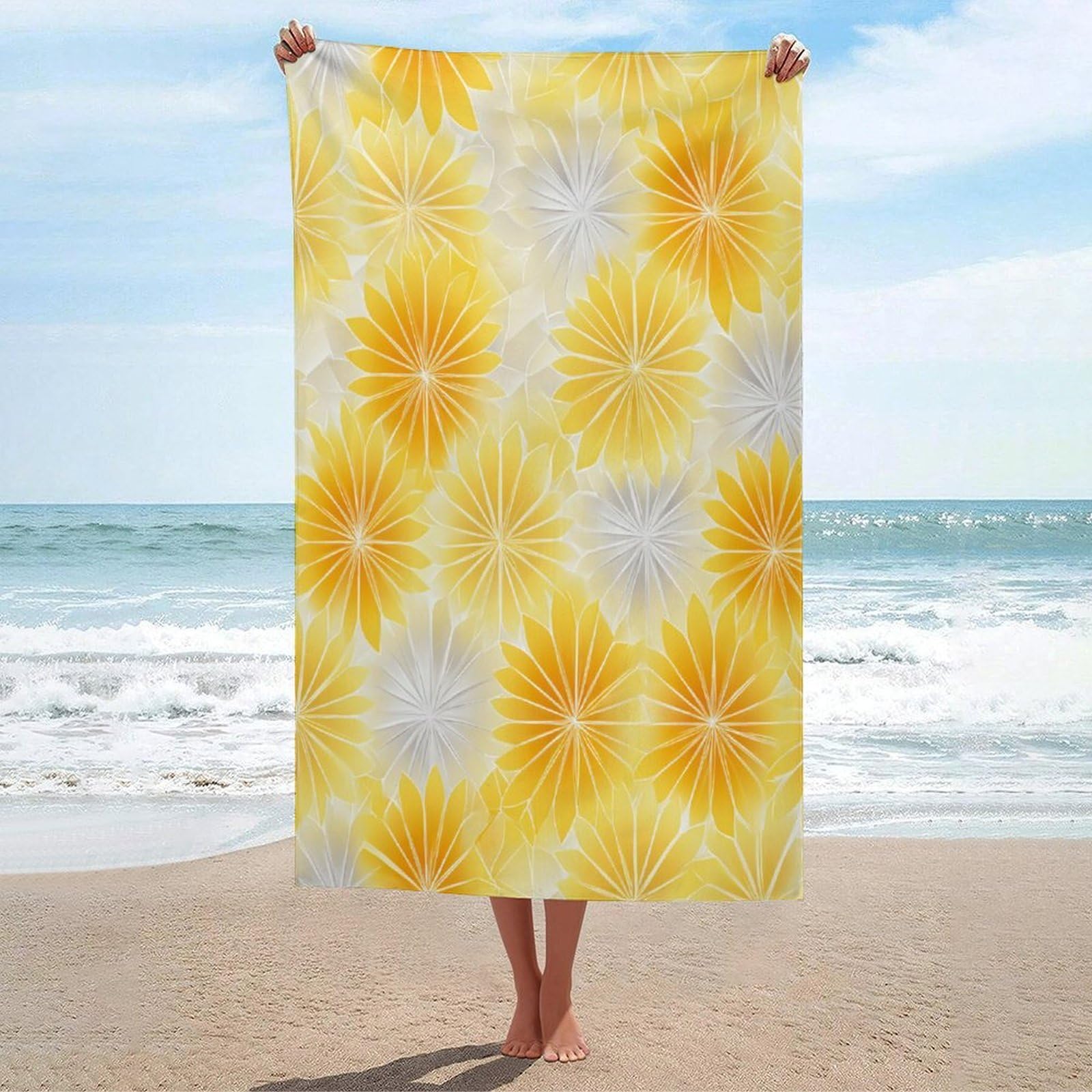LSRCPD Sun Rays Geometric Mandala White Yellow Gradient Beach Towel Sand Free Microfiber Large Shower Towels Multipurpose Absorbent for Bathroom Pool 130x80 CM