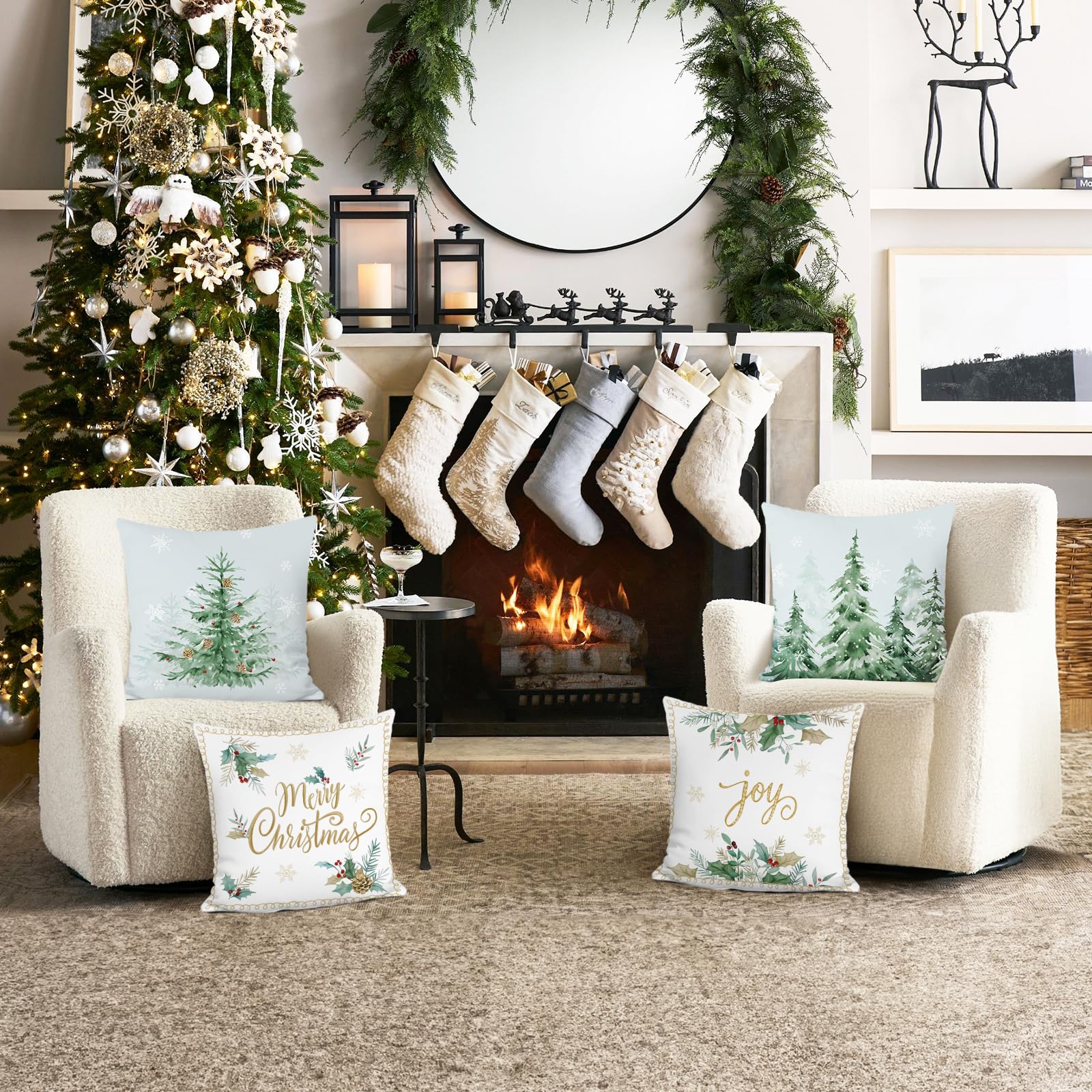 Bonhause Merry Christmas Cushion Covers 45 x 45 cm Pine Tree Snowflake Joy Decorative Throw Pillow Covers Soft Velvet Pillowcases for Sofa Bed Home Winter Holiday Decor Set of 4 - Image 2
