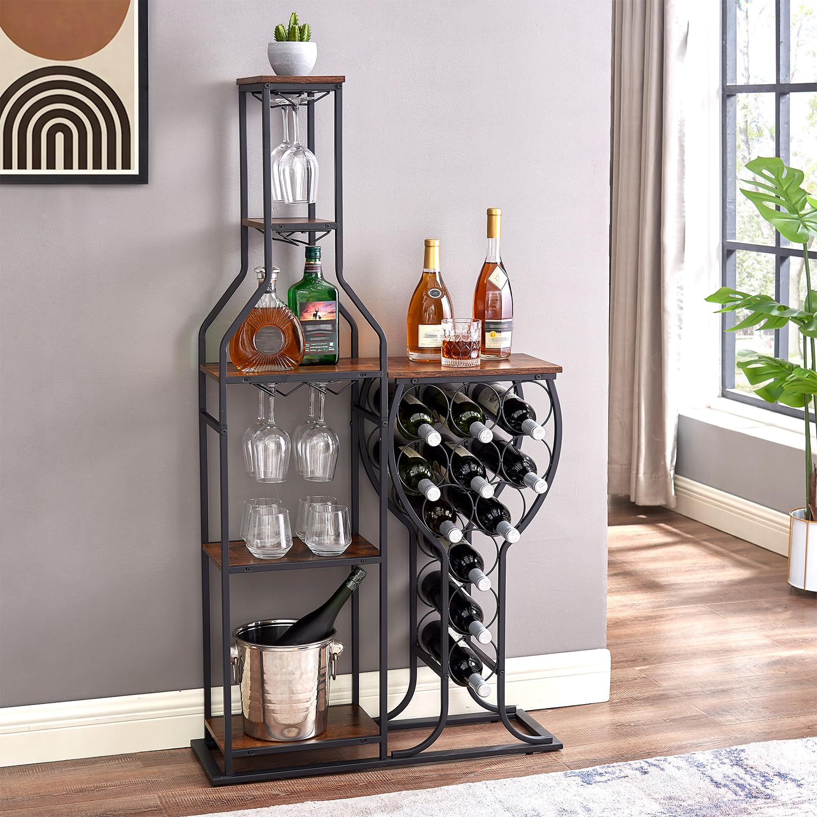 BESTTOONE 5 Tier Wine Rack Freestanding Floor, 11 Bottle Wine Bakers Rack with Hanging Wine Glass Holder and Storage Shelves, Wine Holder Home Bar for Liquor and Wine Storage for Kitchen, Dining Room