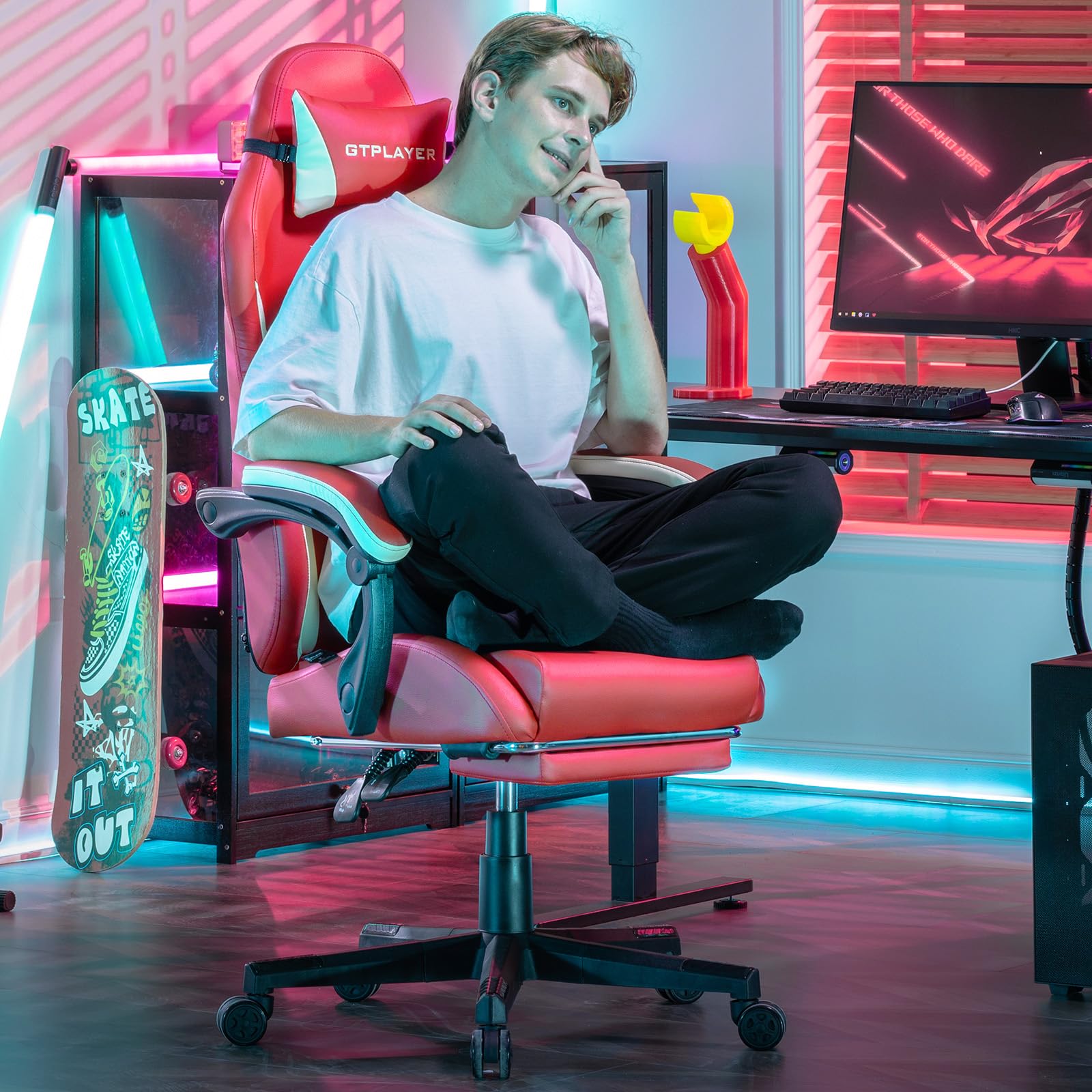 GTPLAYER Chaise Gaming Ergonomique, Fauteuil de Bureau avec Dossier Réglable et Élargi, Appuie-tête et Soutien Lombaire, Hauteur Réglable, Charge 150 kg, en Tissu Technique, Rouge