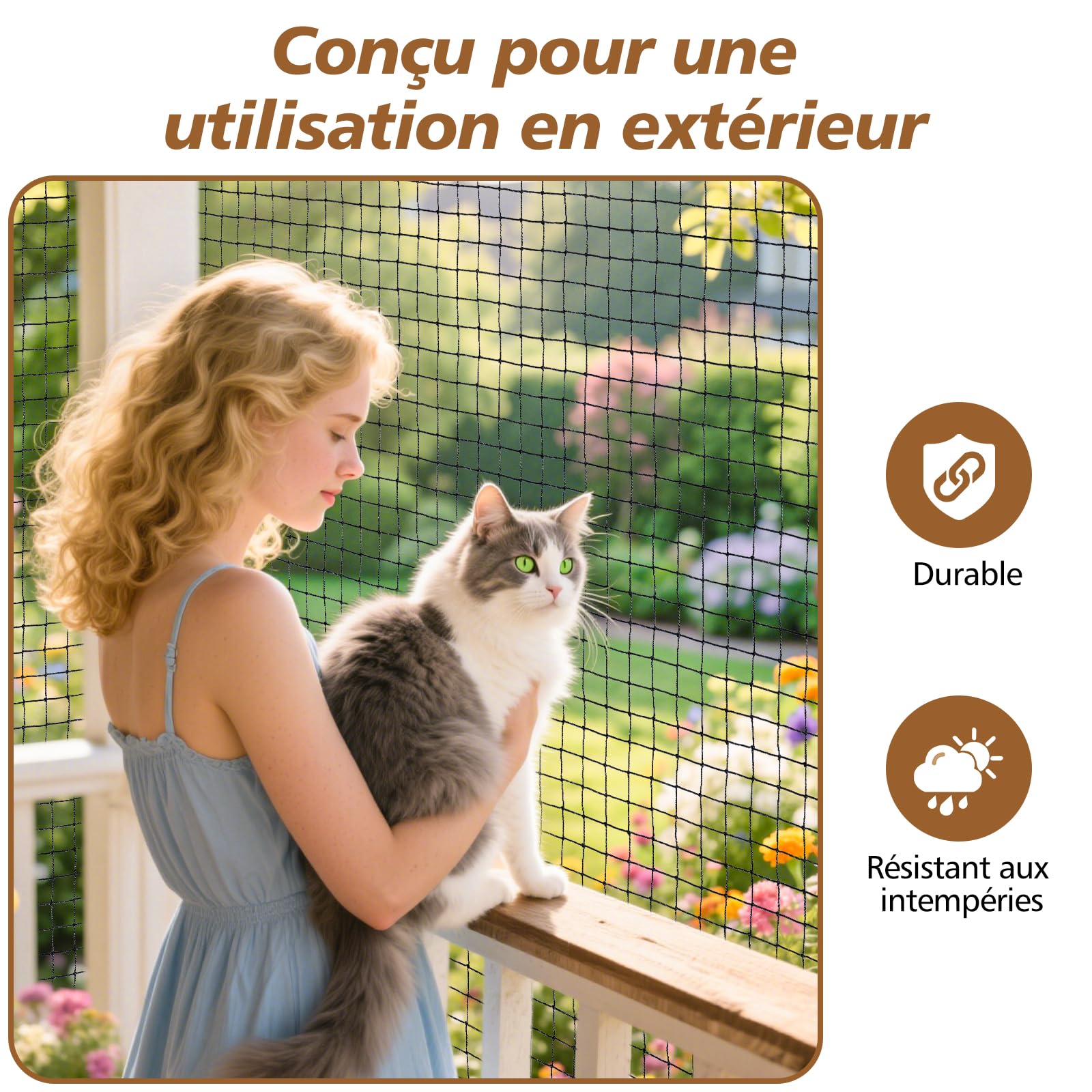 Kattennet voor katten, versterkt, met staal, 6 x 3 m, zonder boren
