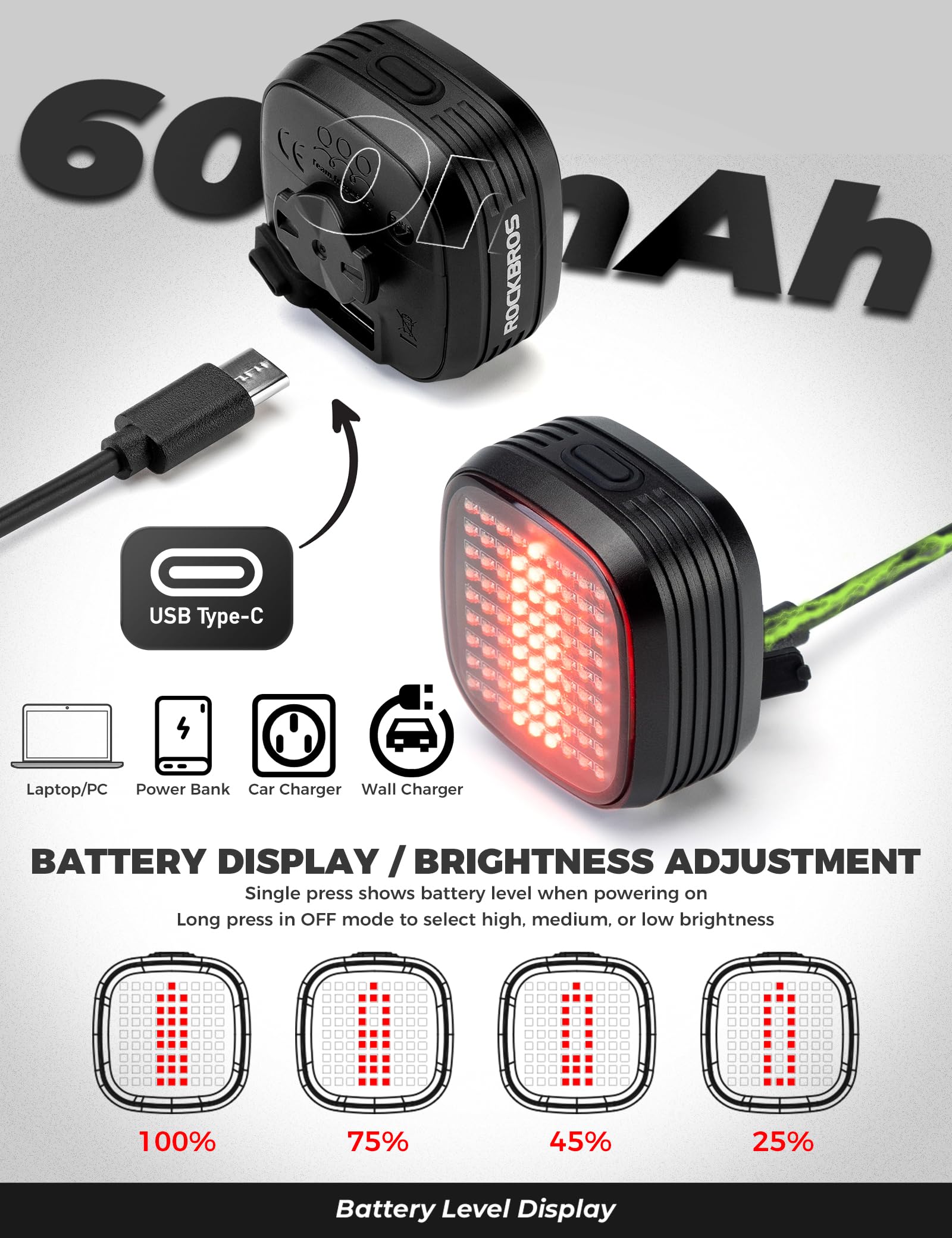 ROCKBROS Feu Arrière de Vélo avec Détection de Freinage, Lampe Arrière Rechargeable USB Étanche IPX6, Autonomie Longue Durée, 12 Modes Clignotants, Accessoire de Sécurité pour Cyclisme
