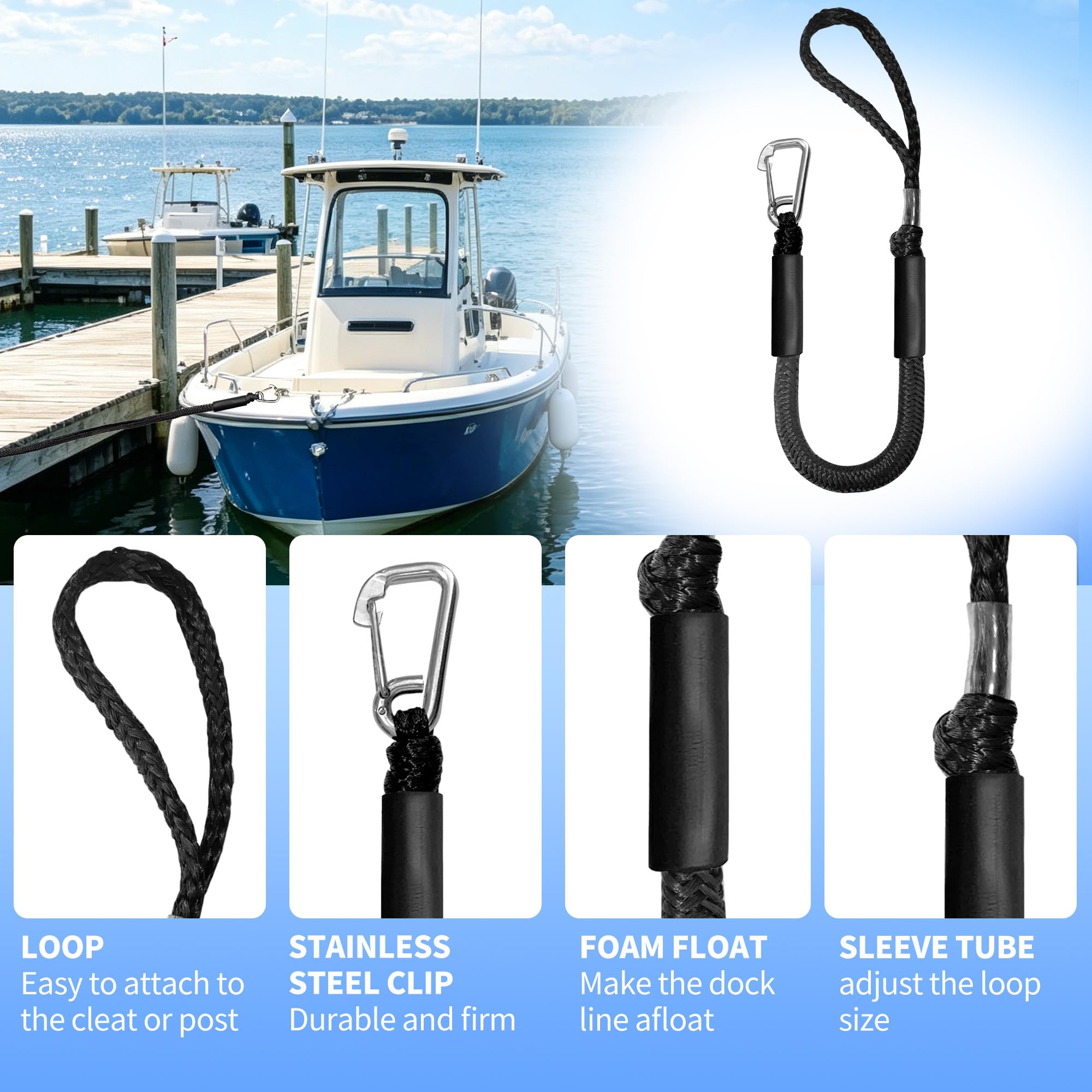 Bungee Boots-Dockleine, dehnbares Festmacher-Seil, Bungee-Docking-Seil, Bungee-Seil, Docking-Seil, 1,2 - 1,5 m mit Clip und Schaumstoff-Schwimmer, 2 Stück, Schwarz
