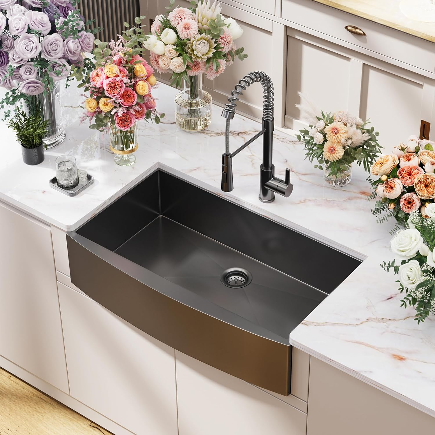 36Inch NANO PVD Black Farmhouse Kitchen Sink w/Pull-down Faucet 16 Gauge Stainless Steel Workstation Sink Scratch Resistant Surface w/Accessories (Gunmetal Single Bowl, 36 Inch w/Faucet)