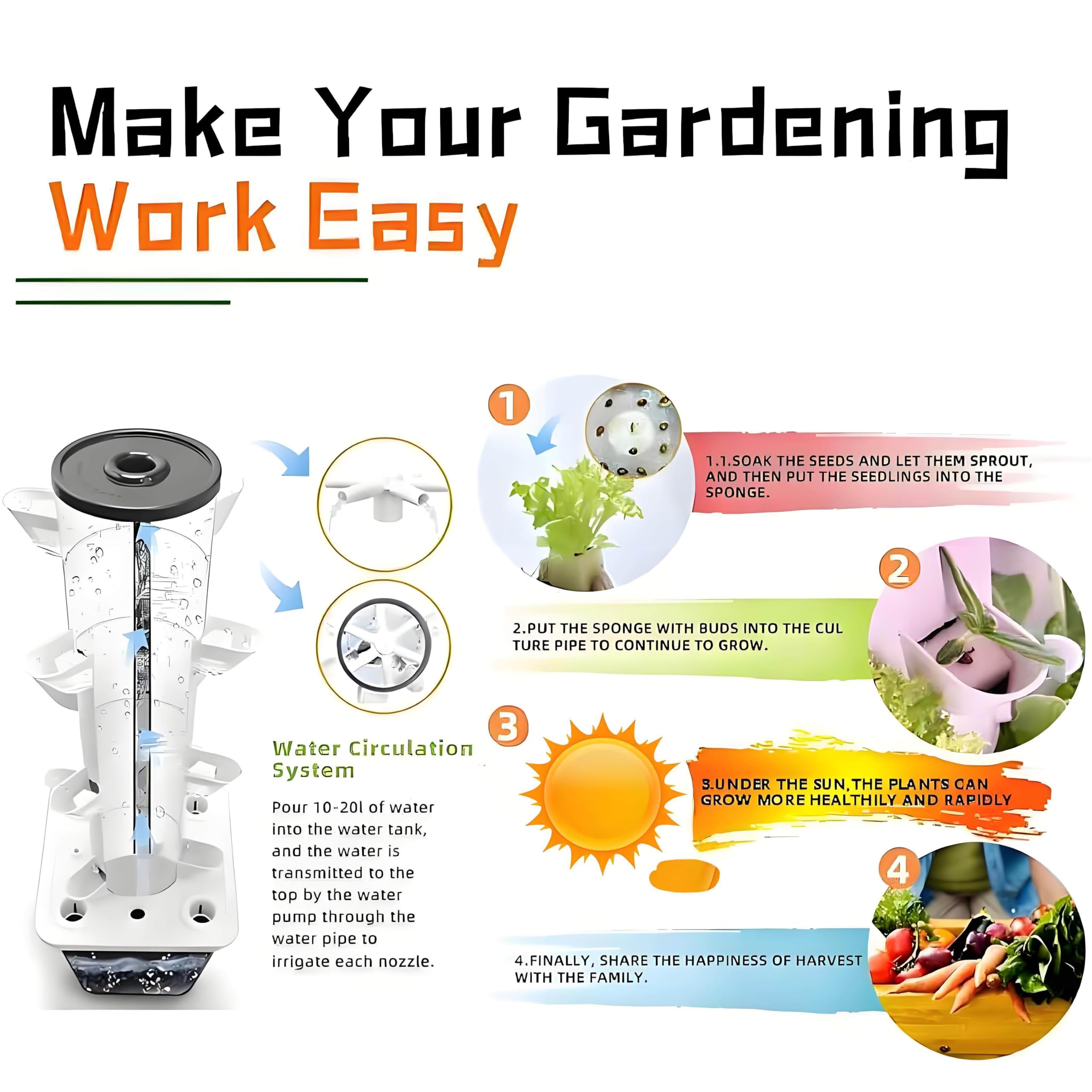 Método‌ Hidropónico de Interior, Torre de Siembra Vertical, Espacios de Siembra - Torre Hidropónica con Bomba de Agua y Adaptador para Depósito de Agua Portátil 5layers15holes