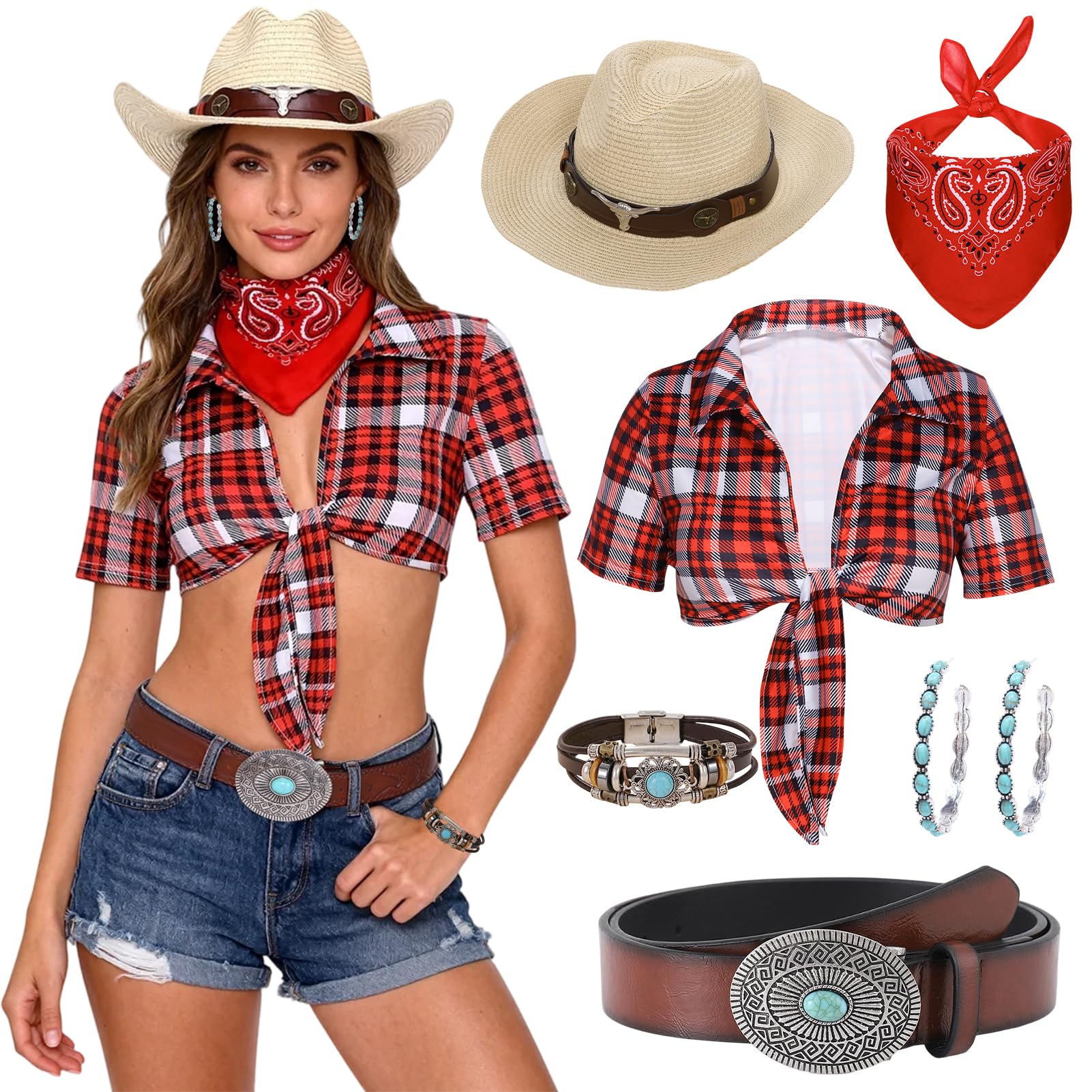 Moerstar Western Cowboy Outfit Women, Cowgirl Fancy Dress Set with Hat Bandanna T Shirt Earrings Bracelets Adjustable Belt Cowgirl Accessories for Women for Halloween Party Cosplay (Red, XL)