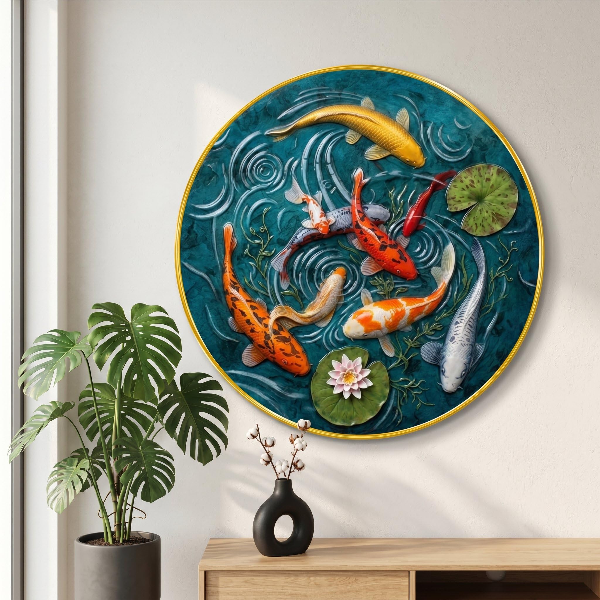 SAF Koi Fish Pond Wall Painting with Golden PVC Frame Round Water Lily Artwork Feng Shui Fish Decor for Living Room Bedroom Office Home Wall Decoration Gift Item (16 x 16 Inch) GRM-372-image-31