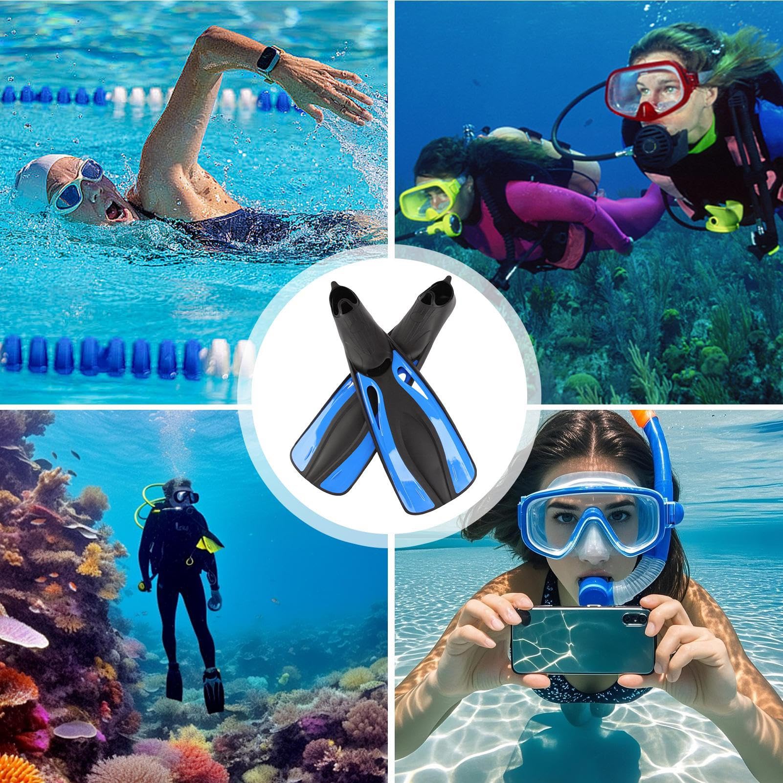 Pinne da snorkeling, pinne per l'uso durante lo snorkeling, le immersioni e il nuoto, per adulti, pinne regolabili unisex, per principianti ed esperti all'aperto