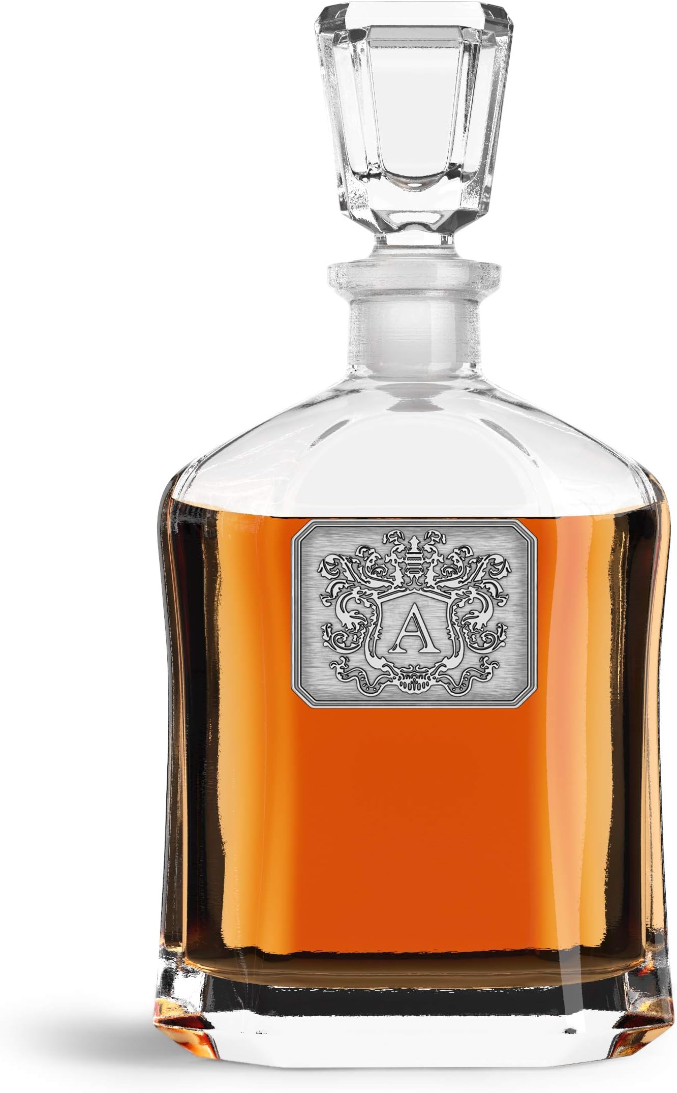 Personalized Whiskey Decanter Bottle Glass – Monogram Initial Pewter Engraved Crest - Novelty for Weddings, Birthdays or any Special Occasions – Pick Your Letter (A, 24oz)