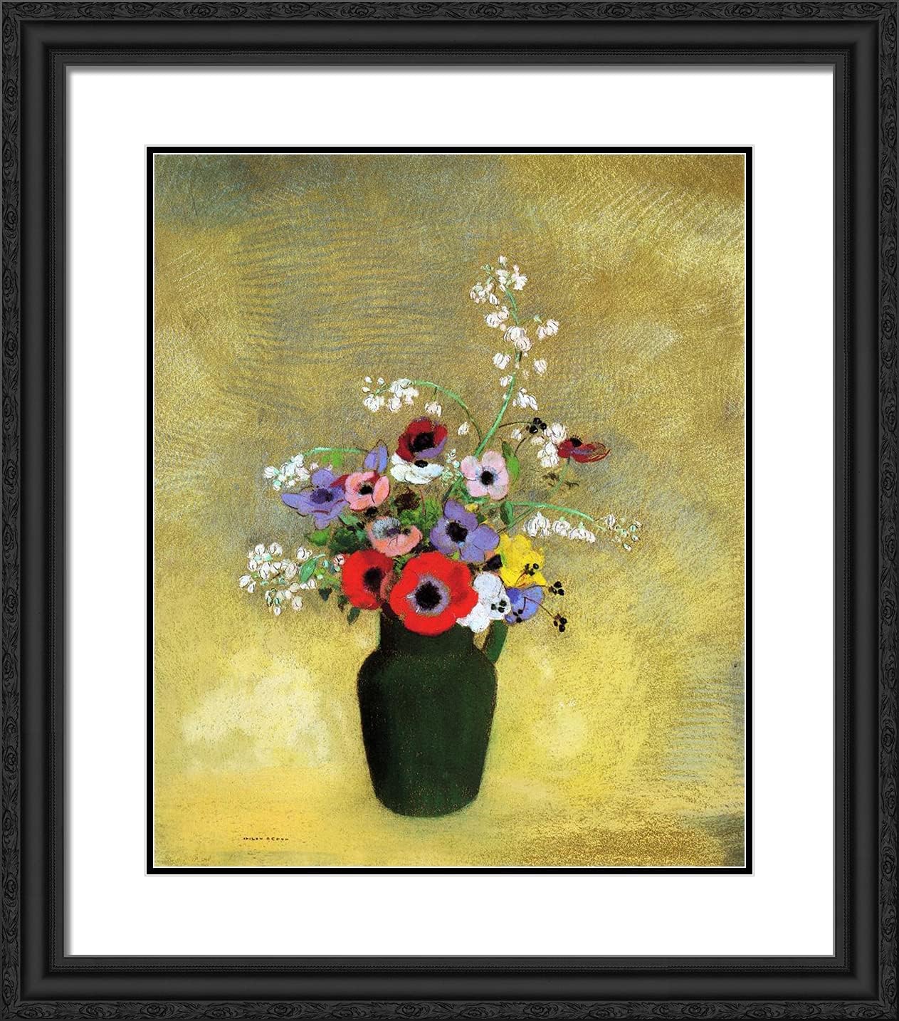 ArtDirect Redon, Odilon 20x22 Black Ornate Framed Art Print with Double Matting Titled: Flowers in a Green Pitcher l