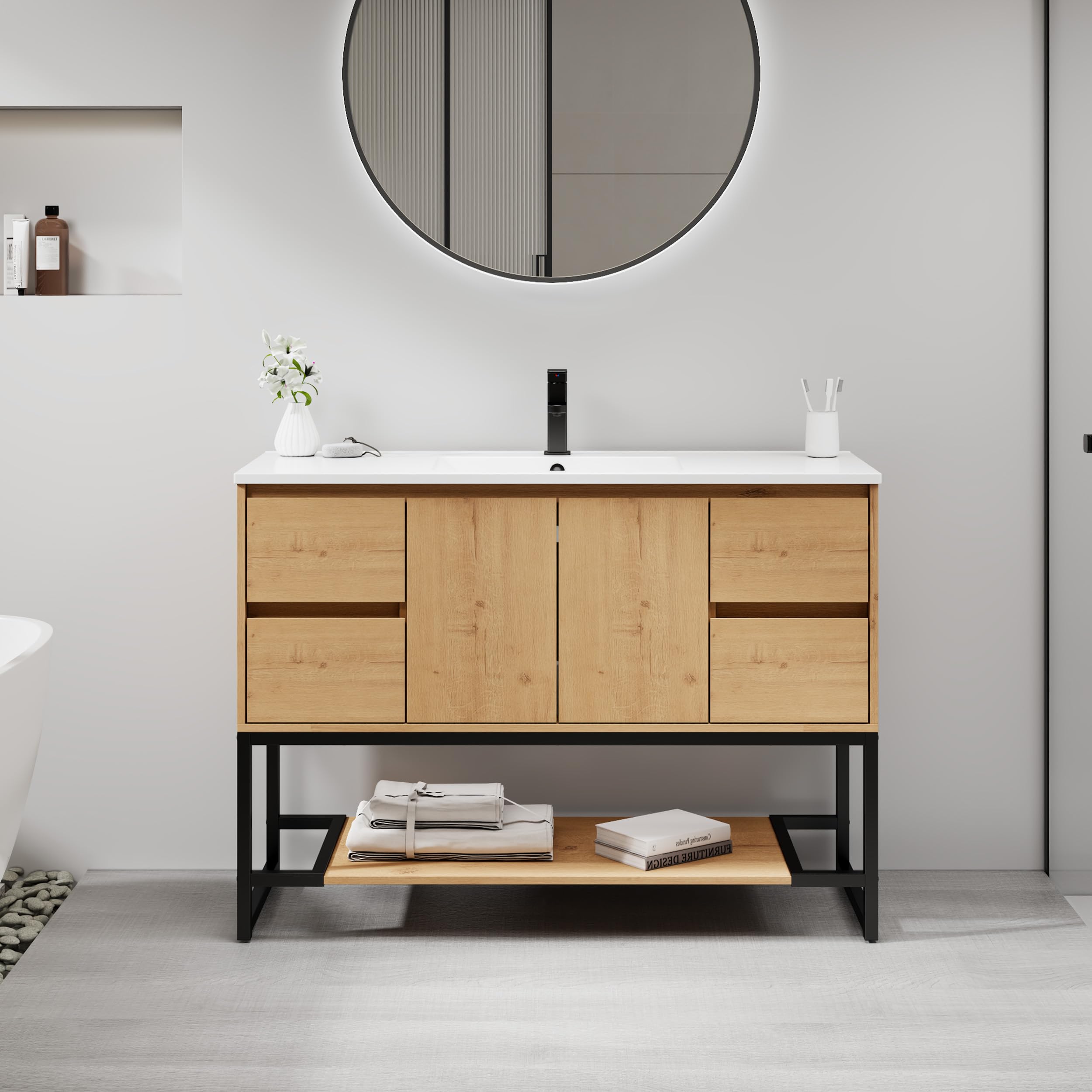 LUCKWIND 48 Modern Bathroom Vanity with Single White Sink Combo, Natural