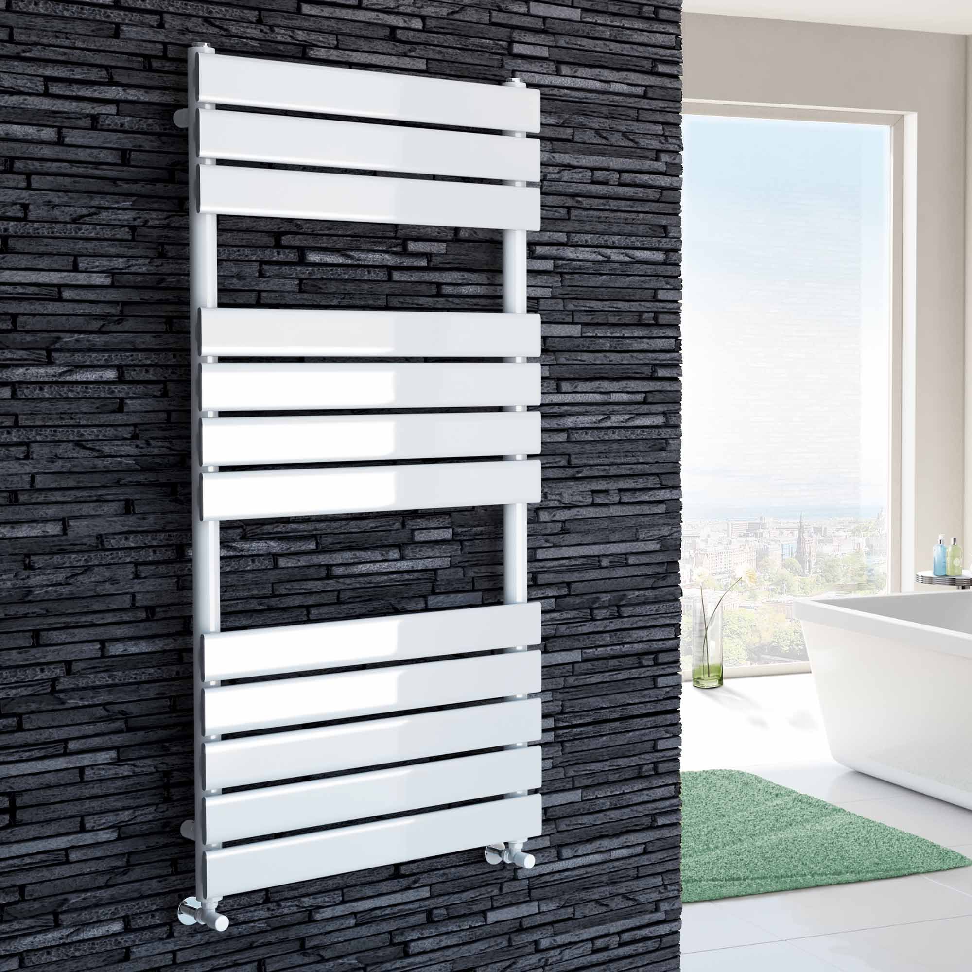 iBathUK Zerith Wall Mounted Flat Panel Heated Towel Rail, 12 Column Slim Flat Steel Hydronic Central Heating High Thermal Output Designer Bathroom Towel Radiator in Matt White, 1200 × 600mm
