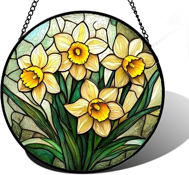 DASTOLL Stained Glass Window Hanging, Daffodil Plant Flowers Sun Catchers Diamond Glass Panel Hangings Suncatcher Decor for Birthday for Women, Men, Wife, Aunt, and Mom 7.8 in