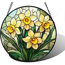 Stained Glass Window Hanging, Daffodil Plant Flowers Sun Catchers Diamond Glass Panel Hangings Suncatcher Decor for Birthday for Women, Men, Wife, Aunt, and Mom 7.8 in