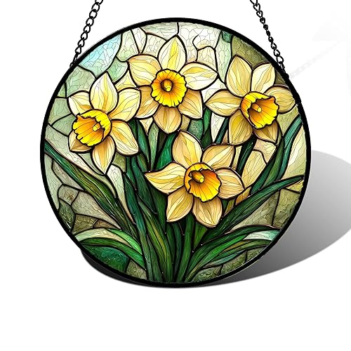 DASTOLL Stained Glass Window Hanging, Daffodil Plant Flowers Sun Catchers
