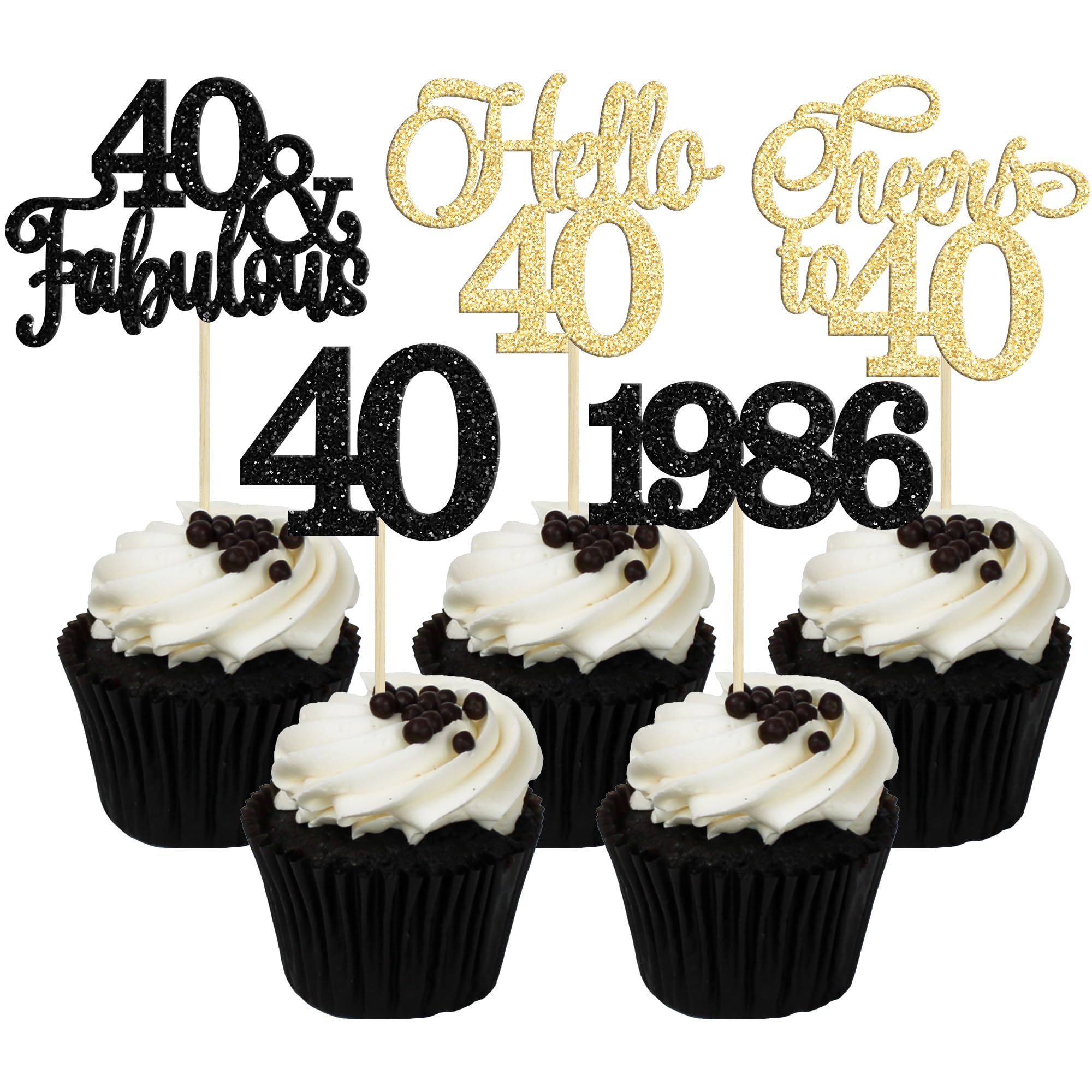 Gyufise 30Pcs 40th Birthday Cupcake Toppers 40 Fabulous Cupcake Picks Cheers to 40 1986 Cake Decorations for Happy 40th Birthday Wedding Anniversary Party Decoration Supplies Gold Black