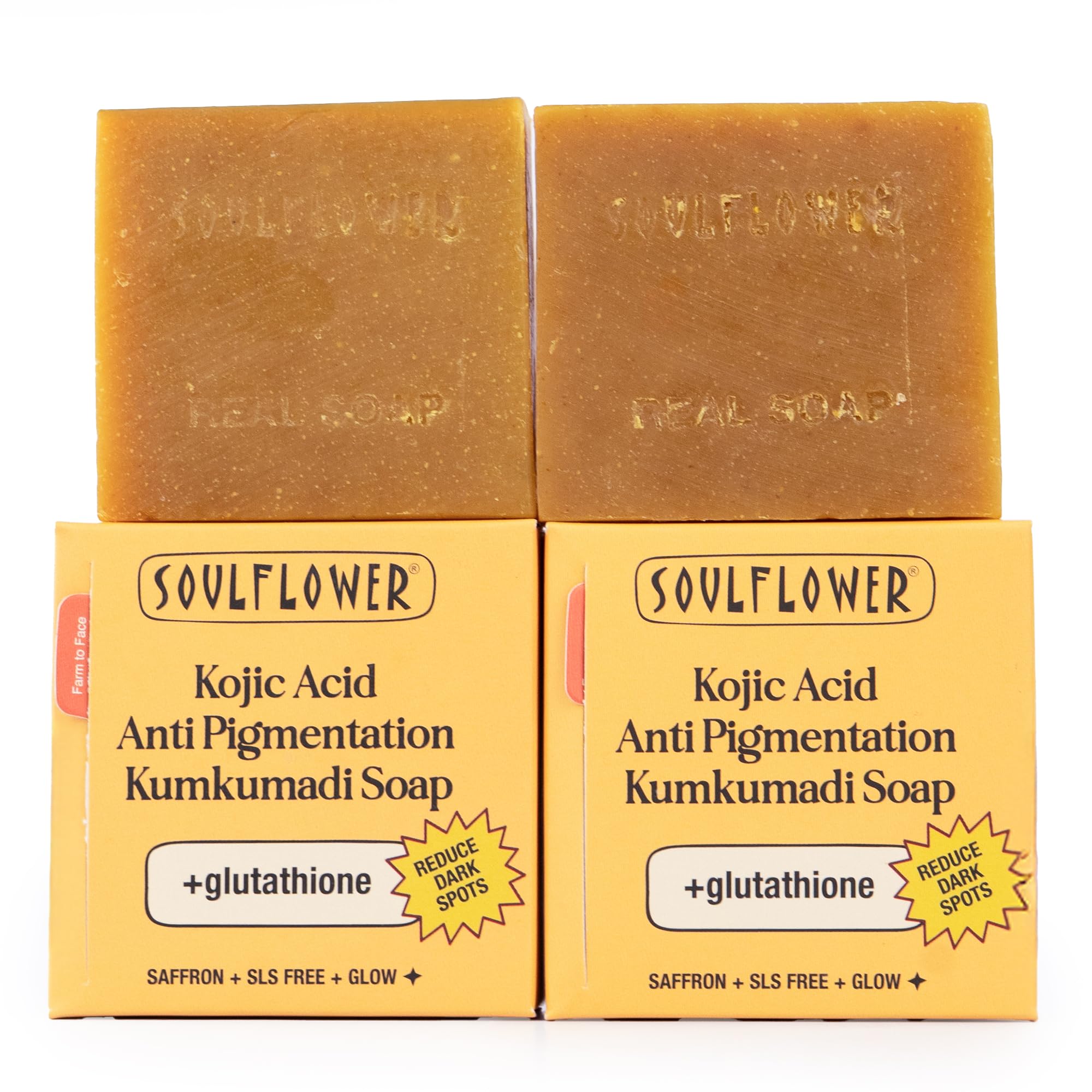 soulflower kojic acid kumkumadi soap for pigmentation & dark spots | skin brightening natural bathing bar for hard water with saffron, turmeric & vitamin e| evens skin tone for all | 100g (pack of 2)