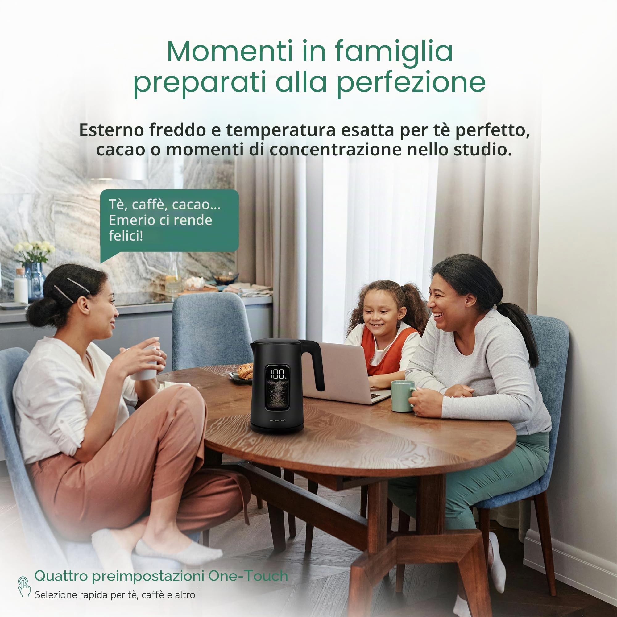 EMERIO Bollitore in acciaio inox, 1,7 l, doppia parete isolata, scelta della temperatura 40 – 100 °C in incrementi di 5 °C, display con varietà di tè preprogrammate, senza BPA, 2200 W, spegnimento