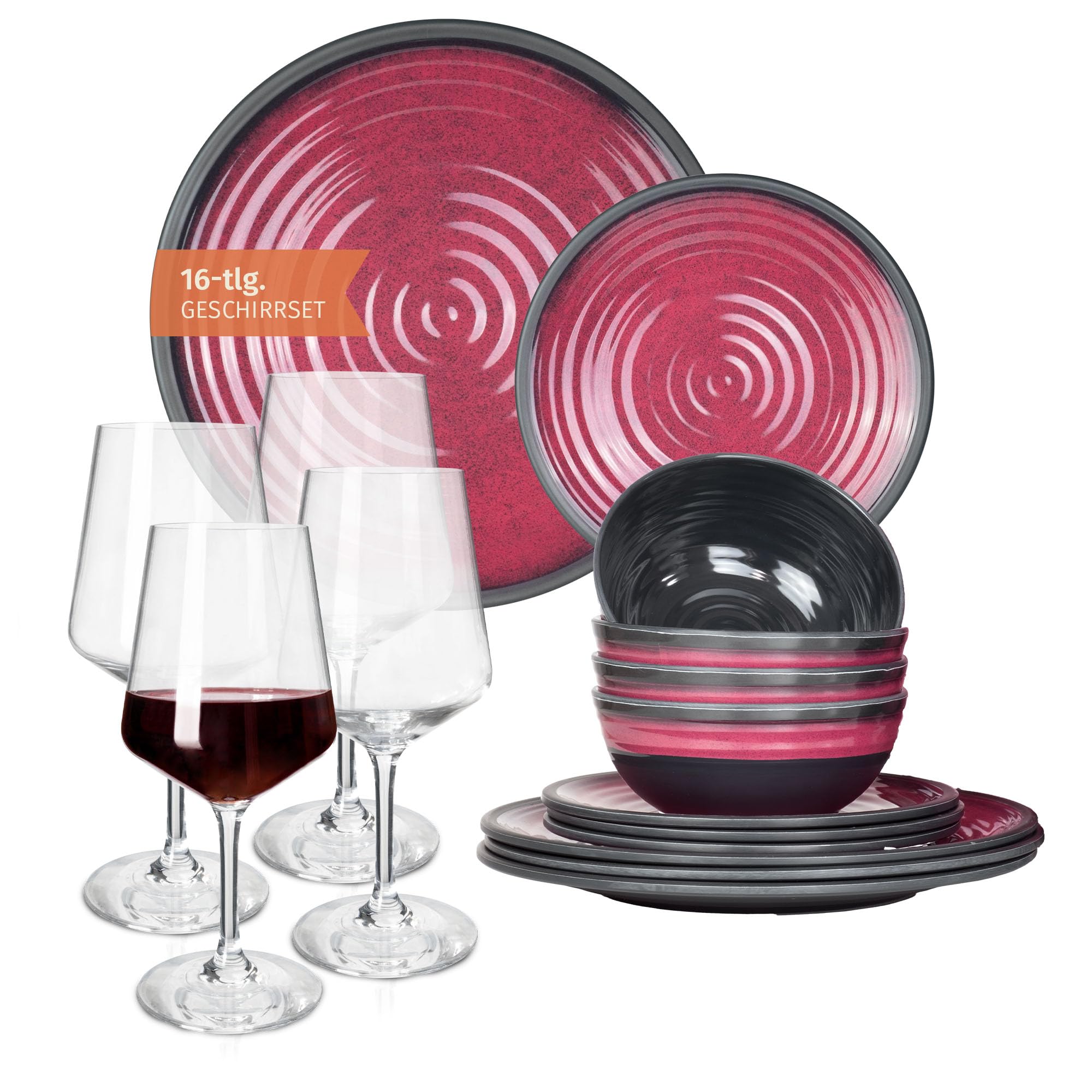 Vajilla de melamina para camping, 4 personas, color rojo piedra + 4 copas de vino tinto Milano, copas de vino rojo, vajilla de pícnic, barbacoa