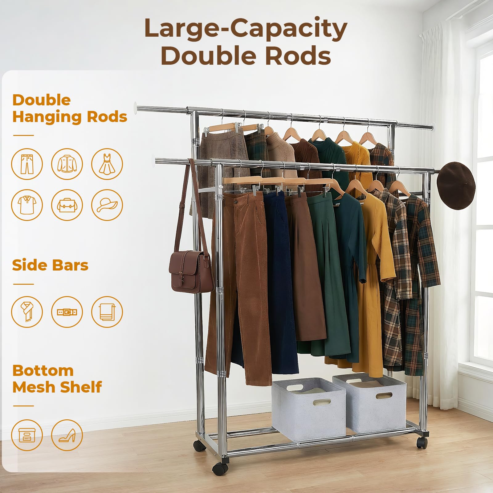Perchero de acero inoxidable móvil extensible ajustable, doble barra de metal con estante de almacenamiento, barra de ropa para dormitorio, color plateado, 165 x 40 x (104-149) cm