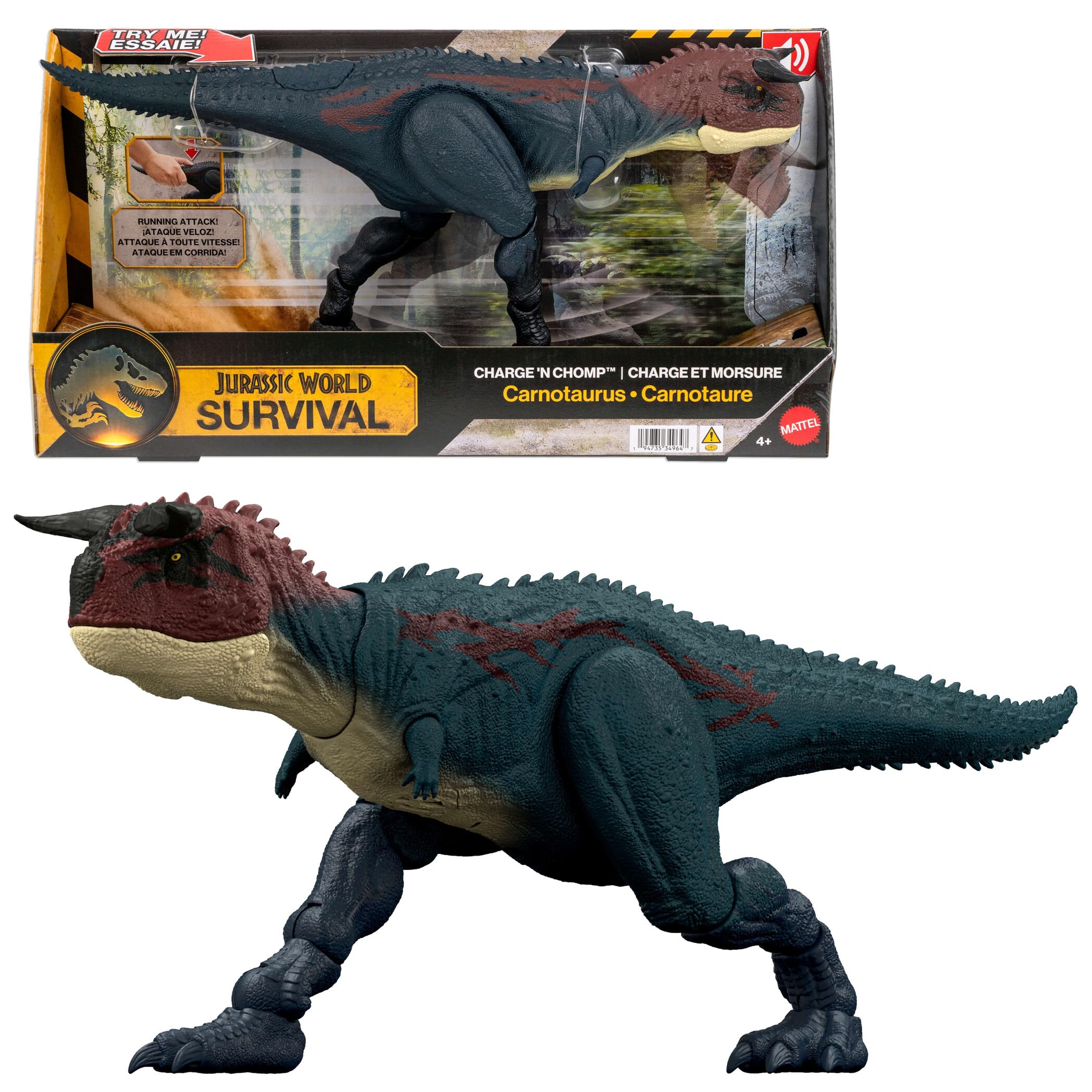Mattel Jurassic World Corre y Devora Carnotauro, Figura de acción de Dinosaurio Que Corre y muerde, con Sonidos de rugidos y Juego Digital, JKG85