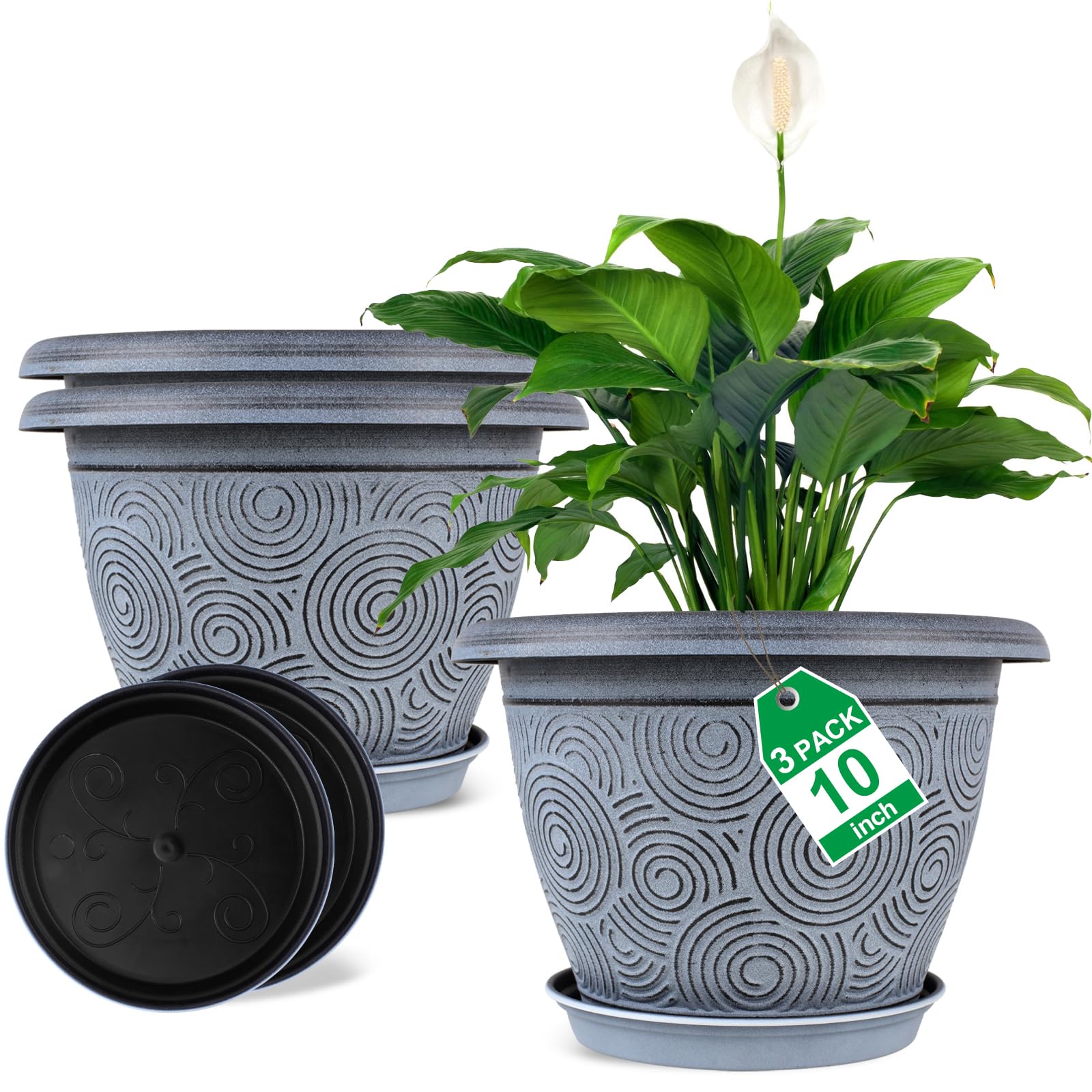 Photo 1 of 10 Inch Flower Pots Planters for Indoor Outdoor Plants, 3 Pack Plastic Large Plant Pots with Drainage Hole & Tray, Modern Decorative Garden Pot with Saucer, Plant Container for House Blue 10 inch-3 pack