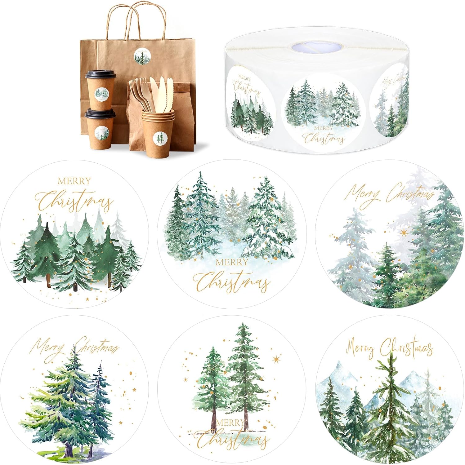 Whaline 1000Pcs Merry Christmas Stickers Roll Watercolor Forest Decals Green Xmas Tree Adhesive Decorative Round Seal Stickers for Gift Greeting Card Party Supplies Whaline 1000Pcs Merry Christmas Stickers Roll Watercolor Forest Decals Green Xmas Tree Adhesive Decorative Round Seal Stickers for Gift Greeting Card Party Supplies