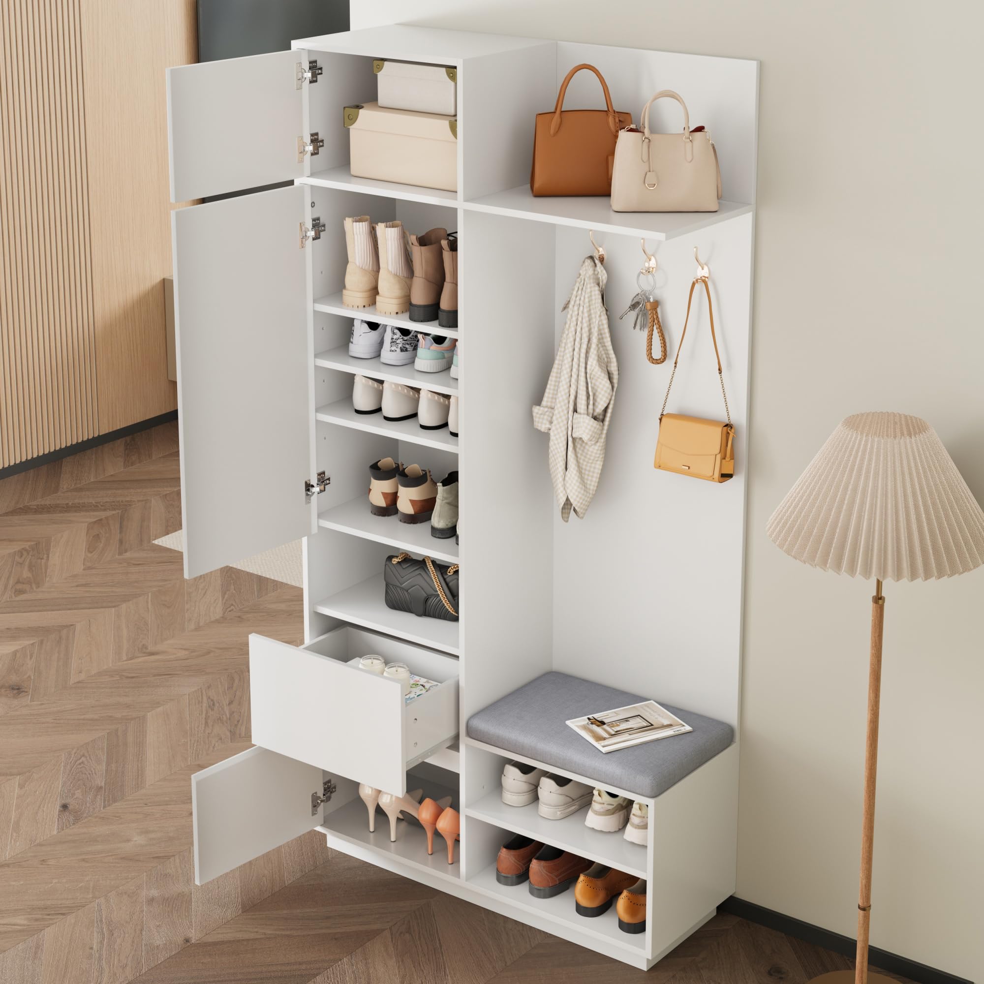 Garderobenset Hoch 190 cm mit Spiegel und Sitzbank, Garderobenschrank Flurgarderoben Set mit Haken und Schuhschrank, Weiß